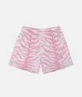 Short de sport 4Handle Blush Sauvage pink avec motif peau de zèbre rose et blanc, logos blancs imprimés sur le bas des deux jambes.
