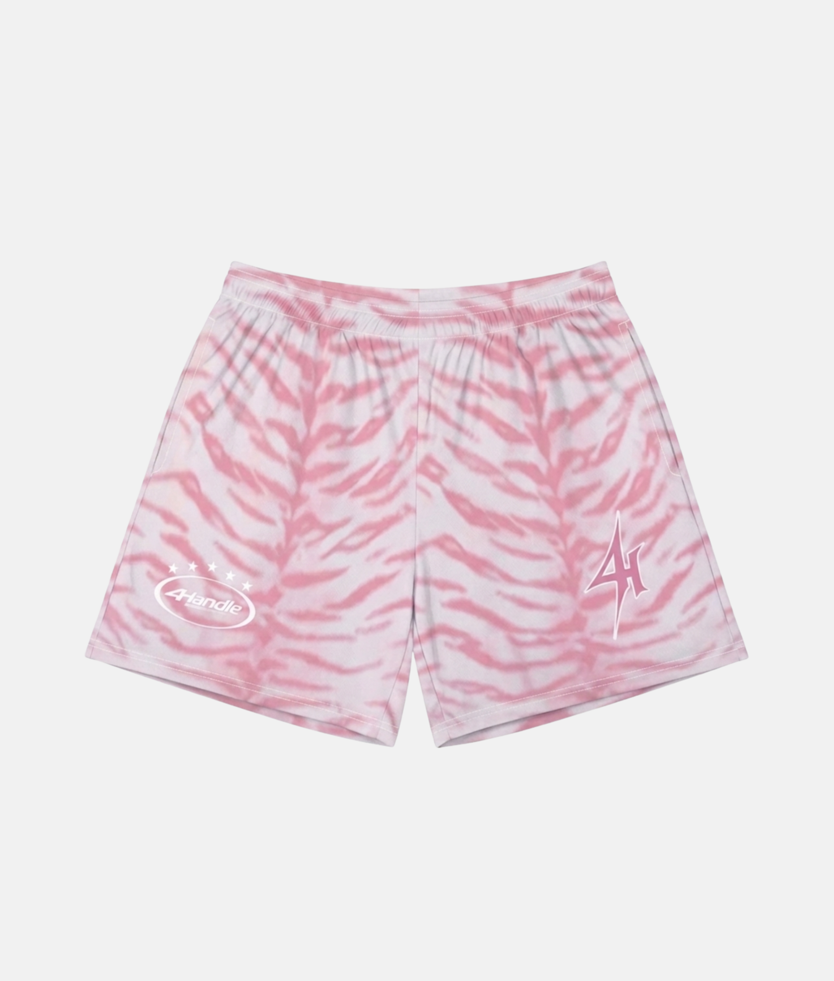 Short de sport 4Handle Blush Sauvage pink avec motif peau de zèbre rose et blanc, logos blancs imprimés sur le bas des deux jambes.