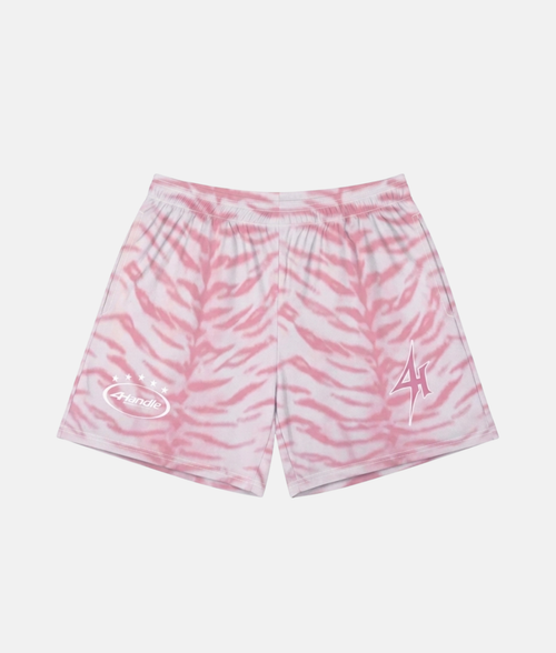 Short de sport 4Handle Blush Sauvage pink avec motif peau de zèbre rose et blanc, logos blancs imprimés sur le bas des deux jambes.