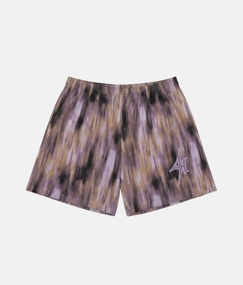 Short de sport 4Handle Brush Fade avec motif texturé à effet de coups de pinceau verticaux violet, beige et noir, et logo 4Handle sur la jambe droite.