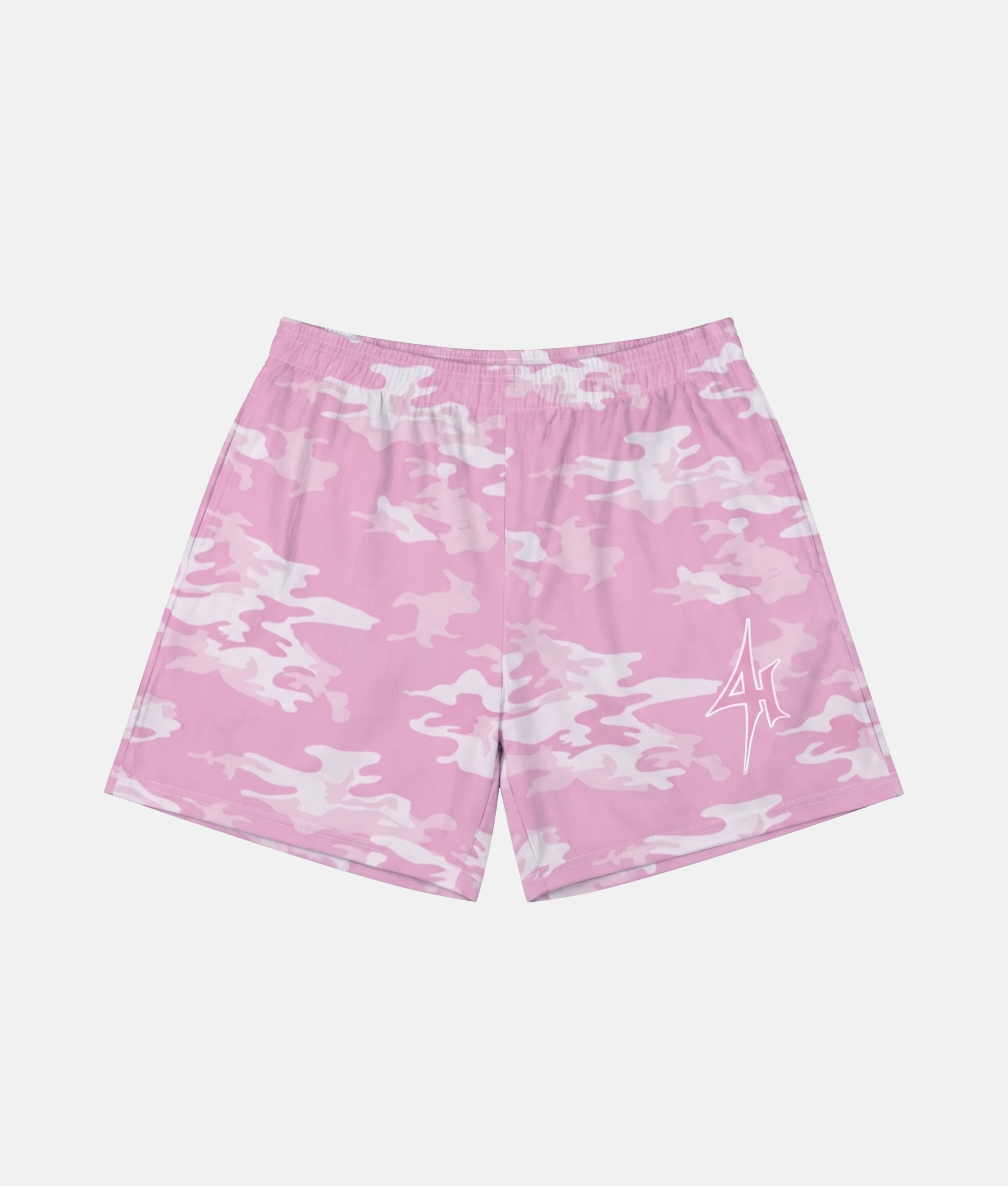 Short de sport 4Handle camo touch pink avec motif camouflage classique dans les tons rose pastel et blanc, orné du logo éclair 4Handle rose et blanc sur la jambe gauche.