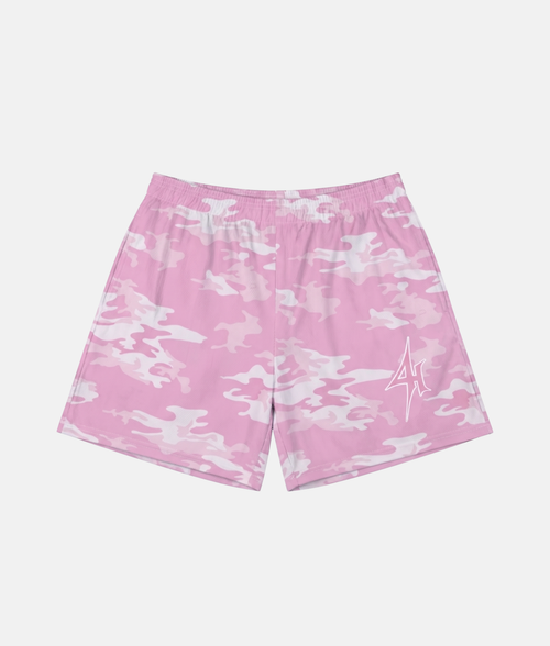 Short de sport 4Handle camo touch pink avec motif camouflage classique dans les tons rose pastel et blanc, orné du logo éclair 4Handle rose et blanc sur la jambe gauche.