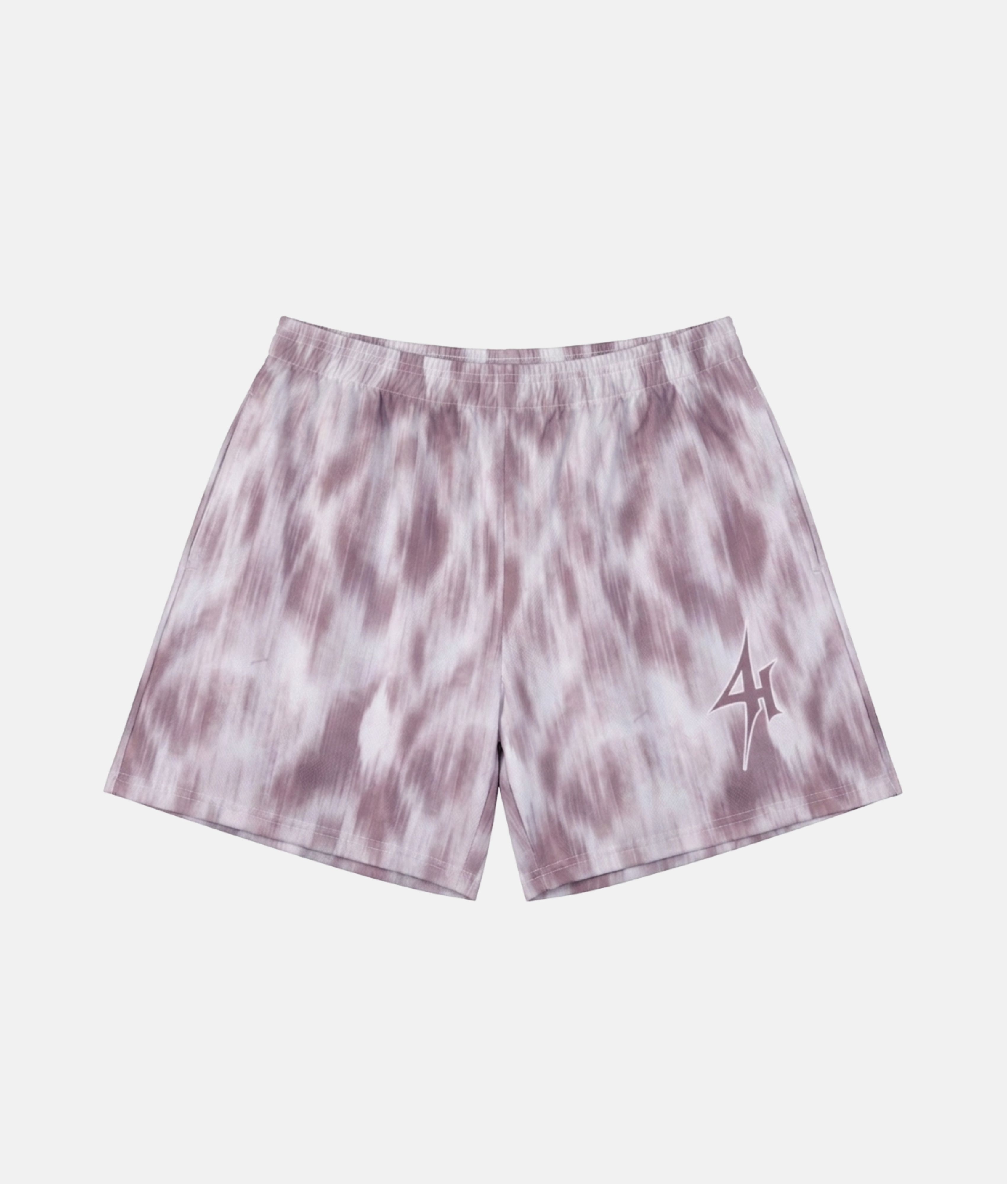 Short de sport 4Handle Crystal Illusion avec motif tie-dye violet pastel et blanc, logo 4Handle brodé sur le bas.