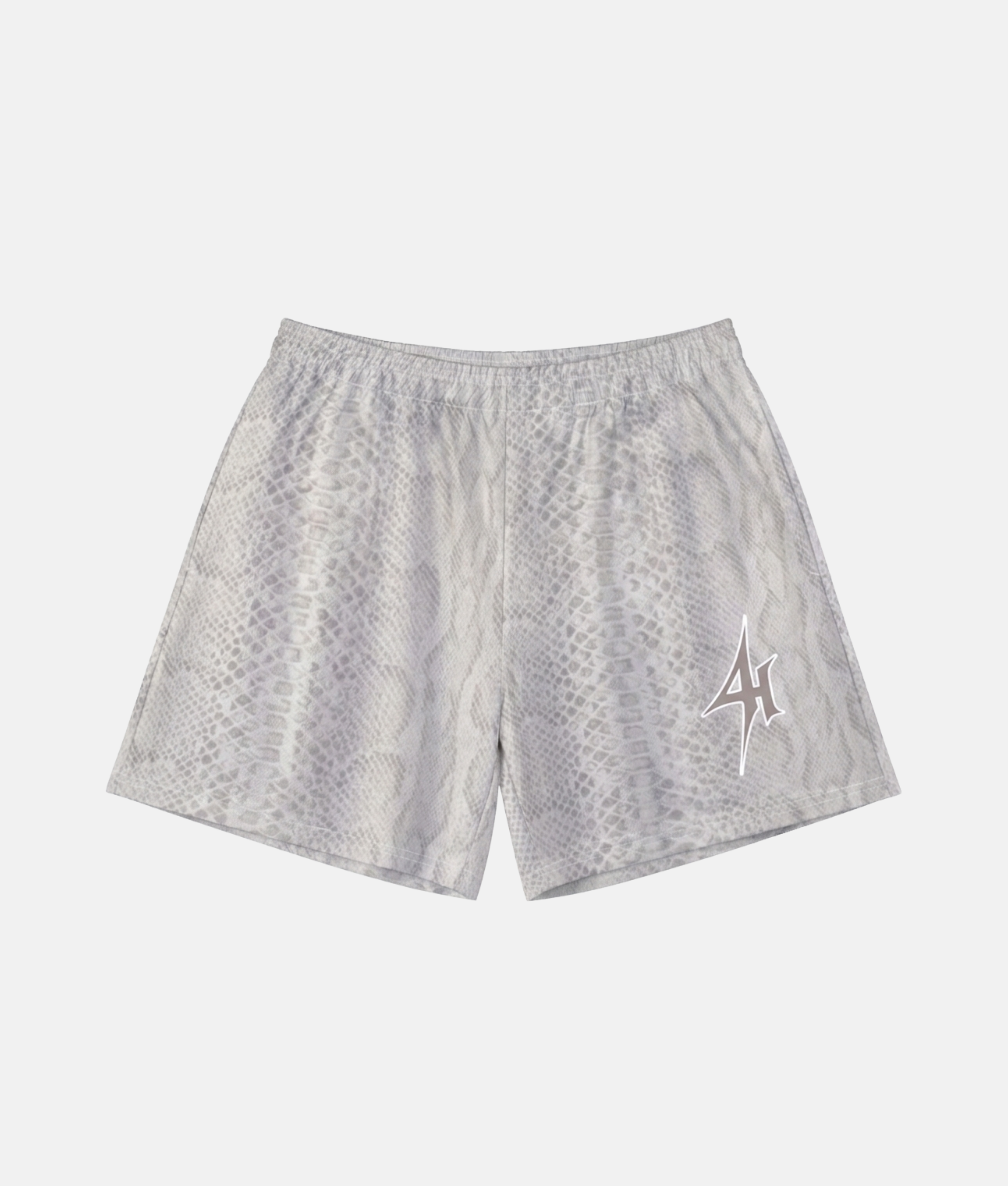 Short de sport 4Handle Diamond Skin avec motif imprimé peau de serpent gris et noir, grand logo 4Handle gris clair sur la jambe droite.