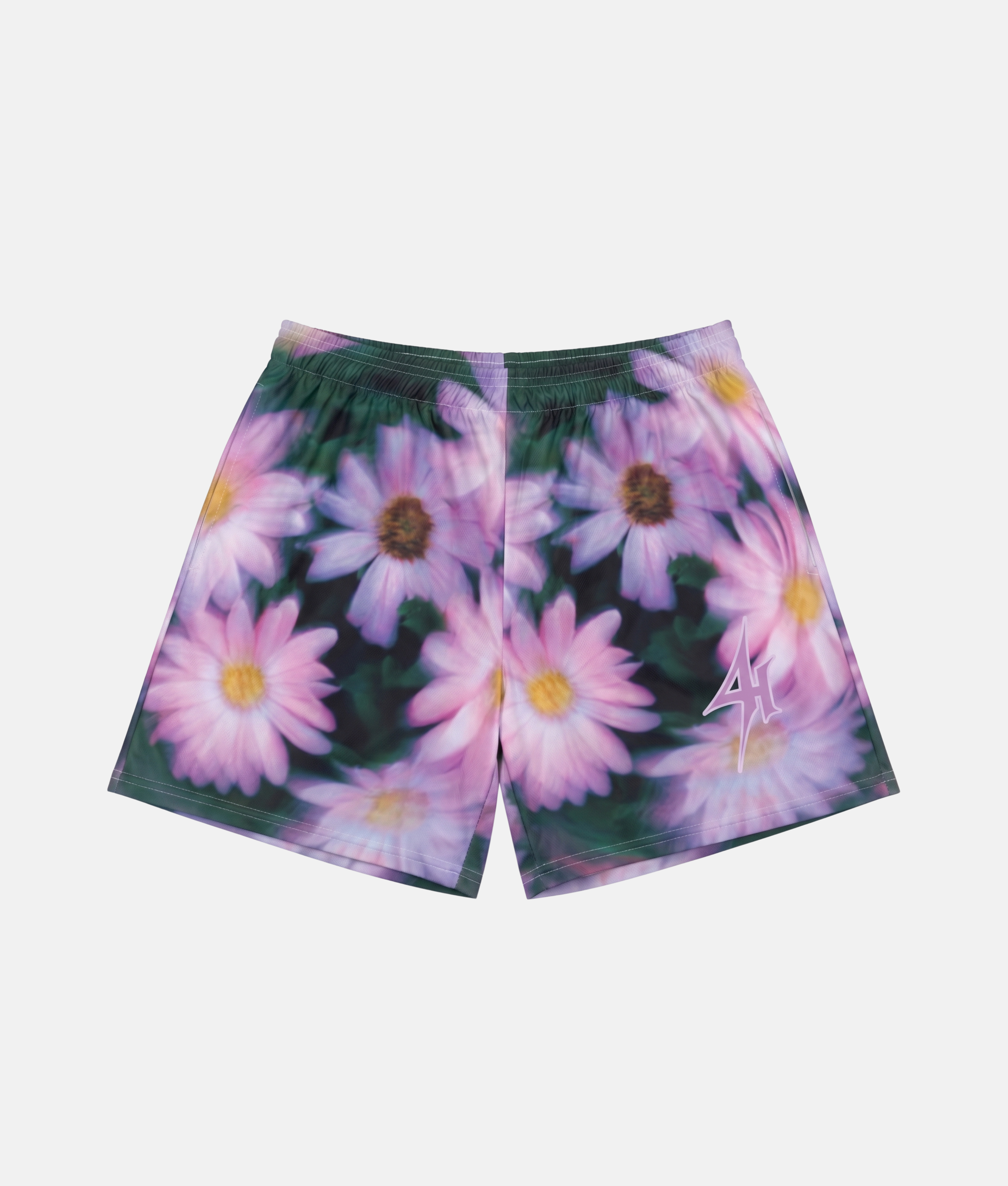 Short de sport 4Handle Flower Drift avec imprimé fleuri de marguerites roses et violettes, logo 4Handle brodé en rose sur la jambe gauche.