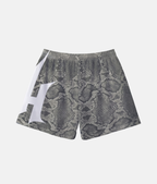Vue arrière du short de sport 4Handle gray reptile, mettant en valeur la continuité des motifs d'écailles sombres et le logo blanc enveloppant le côté.