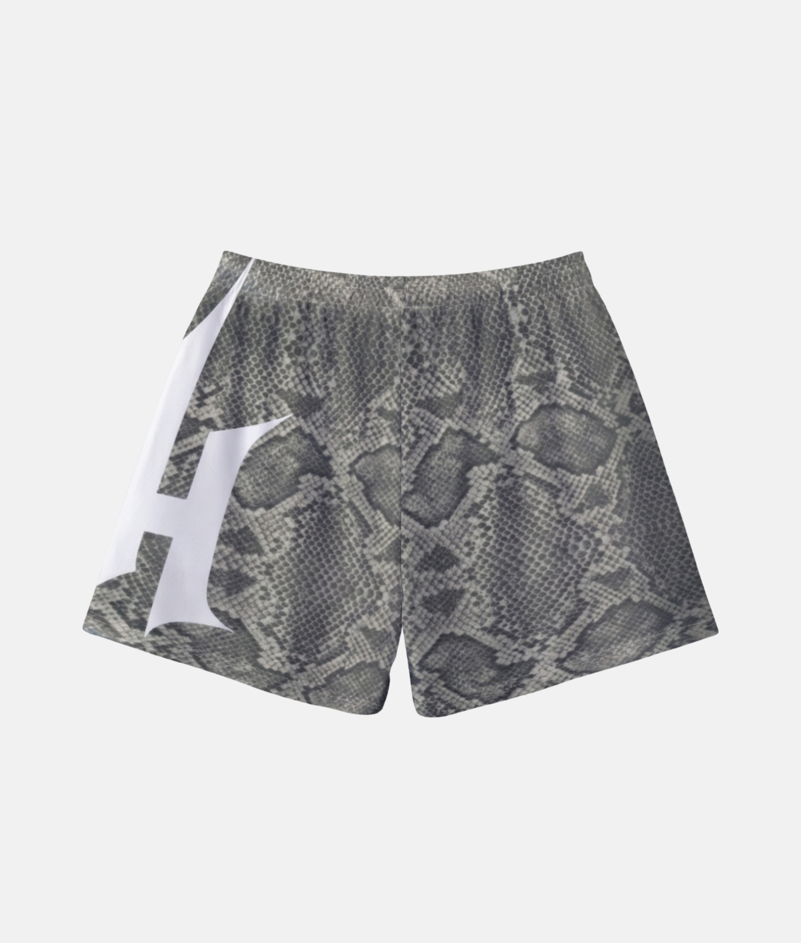 Vue arrière du short de sport 4Handle gray reptile, mettant en valeur la continuité des motifs d'écailles sombres et le logo blanc enveloppant le côté.