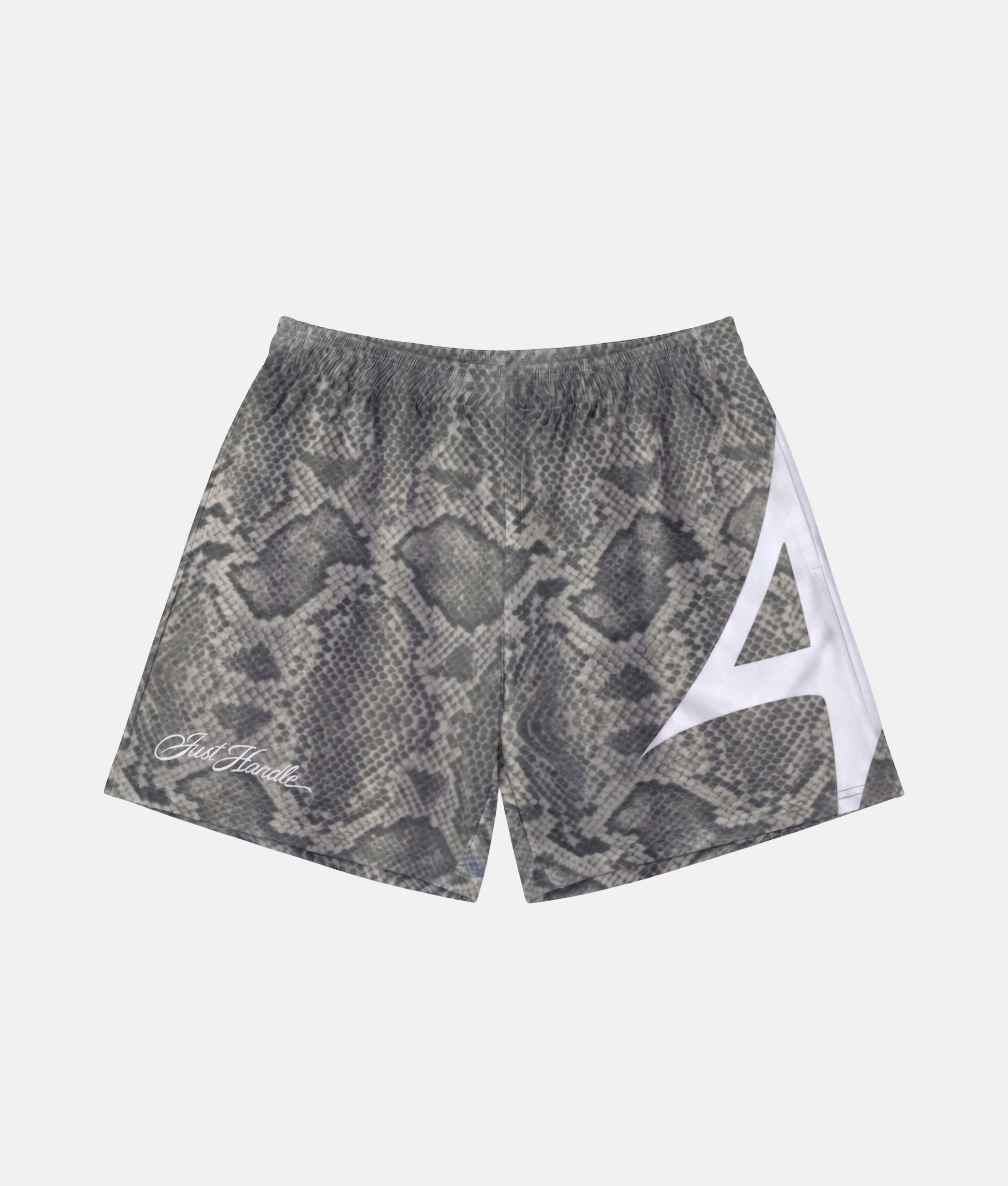 Short de sport 4Handle gray reptile avec motif imprimé peau de serpent gris et noir, inscription Just Handle en écriture cursive et grand logo blanc sur le côté gauche.