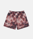 Short de sport 4Handle Jelly Red Star avec motif tie-dye bordeaux et blanc, logo 4Handle oval et étoile blanche imprimés.