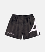 Short de sport 4Handle Just Handle Dune Black avec motif texturé en pointillés anthracite et noir, inscription cursive et grand logo 4Handle blanc sur le côté.