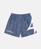 Short de sport 4Handle Just Handle Dune blue avec motif texturé en pointillés blanc, bleu azur et bleu ciel, inscription cursive et grand logo 4Handle blanc sur le côté.