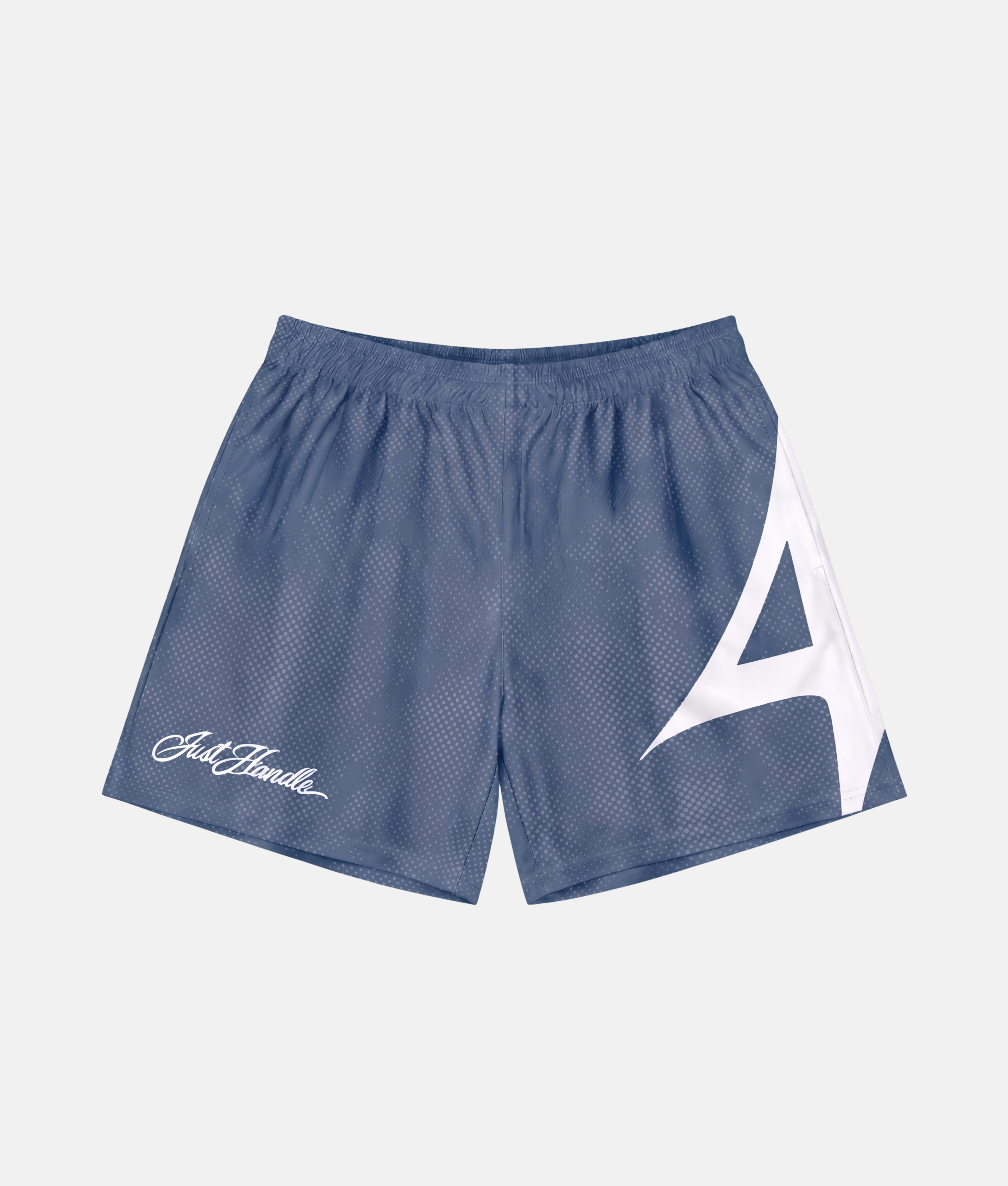 Short de sport 4Handle Just Handle Dune blue avec motif texturé en pointillés blanc, bleu azur et bleu ciel, inscription cursive et grand logo 4Handle blanc sur le côté.