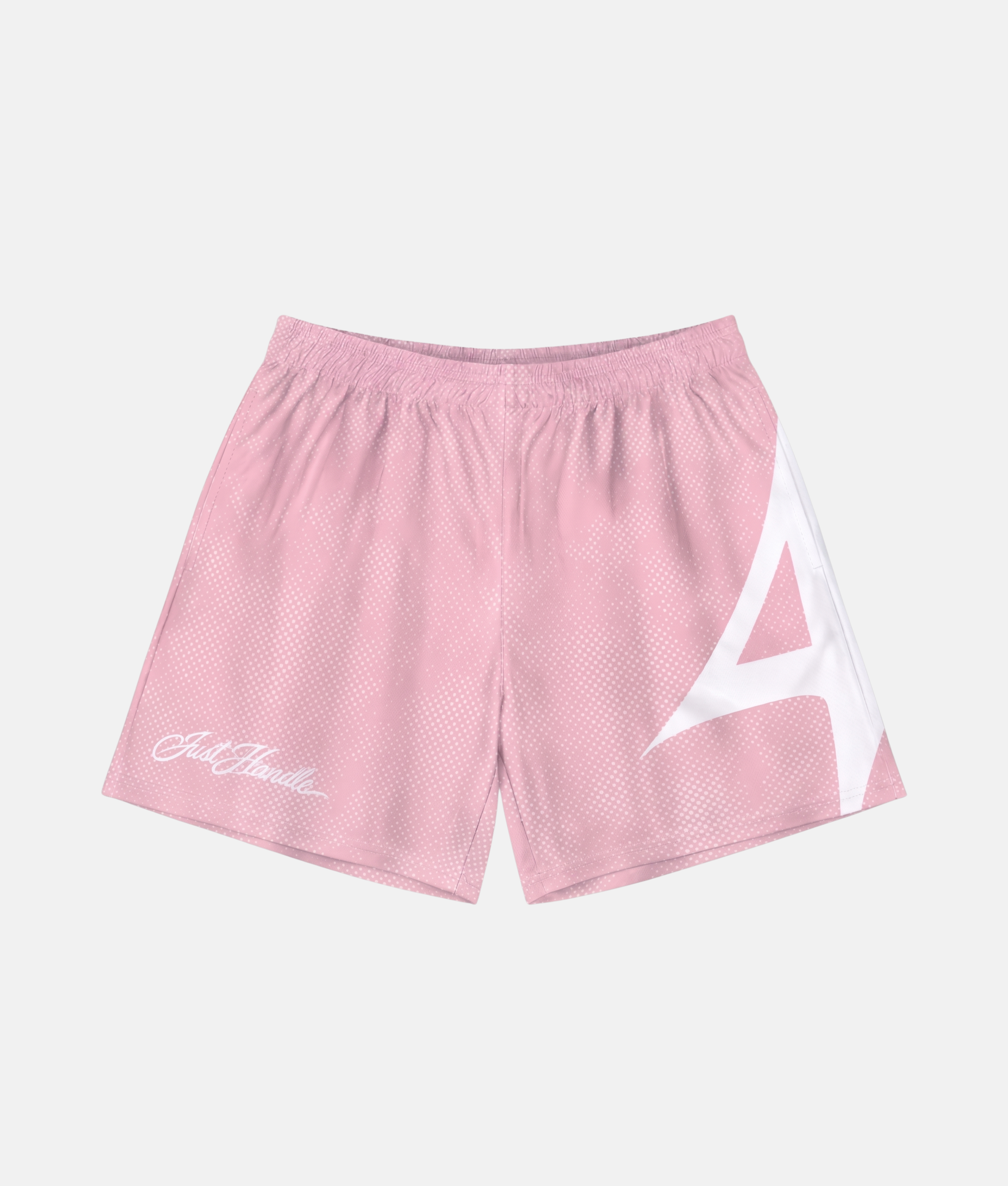 Short de sport 4Handle Just Handle Dune pink avec motif texturé en pointillés blanc et rose pastel, inscription cursive Just Handle et grand logo blanc sur le côté.