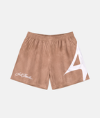 Short de sport 4Handle Just Handle Dune avec motif effet marbré subtil beige et gris clair, inscription cursive et grand logo 4Handle blanc sur le côté.
