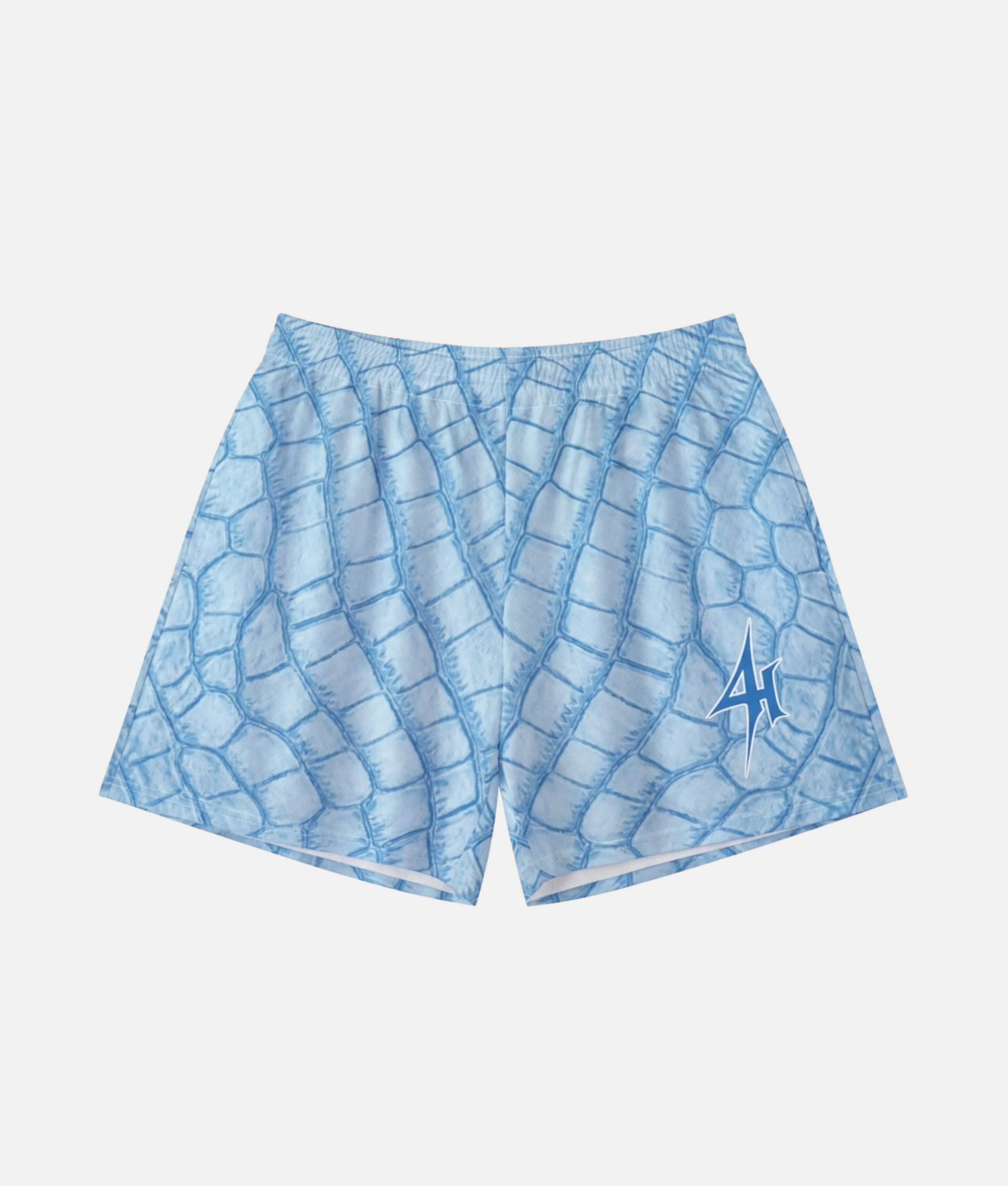 Short de sport 4Handle Low blue avec motif imprimé texture écailles de crocodile bleu ciel et blanc, doté du logo éclair 4Handle bleu roi sur la jambe gauche.