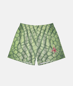 Short de sport 4Handle Low Grinch avec motif texturé d'écailles de crocodile vert pomme et kaki, orné du logo éclair 4Handle rouge vif sur la jambe gauche.