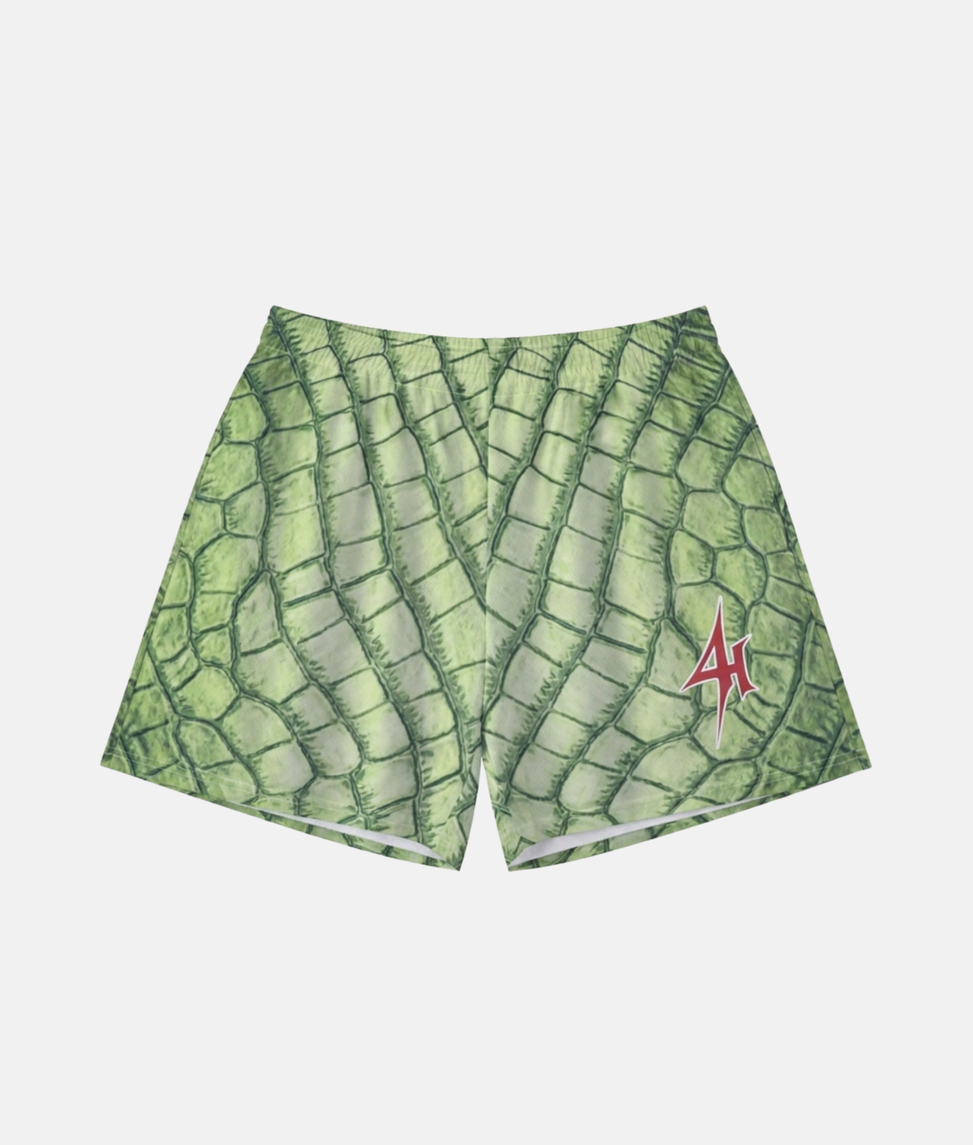 Short de sport 4Handle Low Grinch avec motif texturé d'écailles de crocodile vert pomme et kaki, orné du logo éclair 4Handle rouge vif sur la jambe gauche.