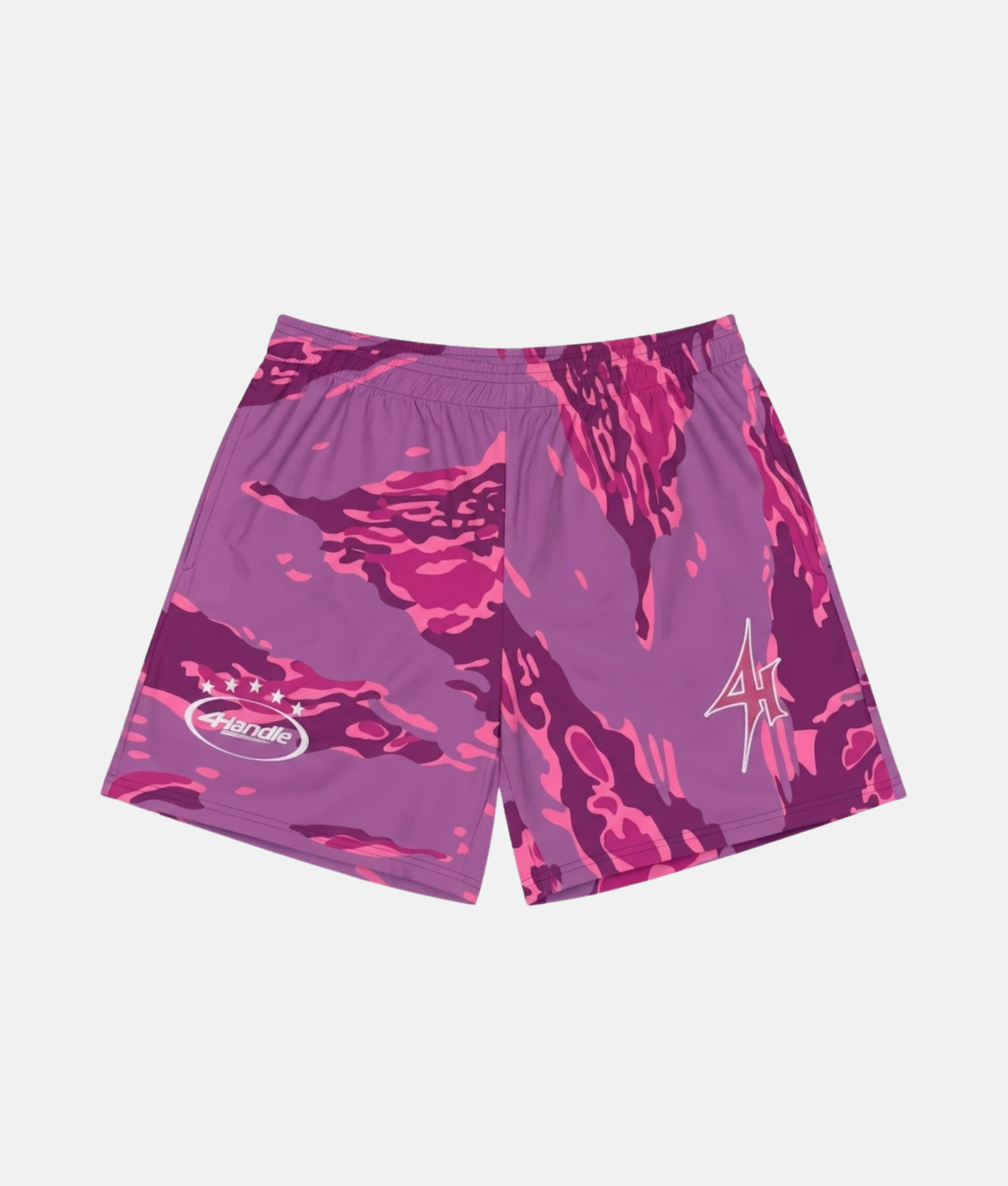 Short de sport 4Handle max pink avec motif camouflage fluide asymétrique rose fuchsia, magenta et violet, doté du logo ovale et du logo éclair violet et blanc.