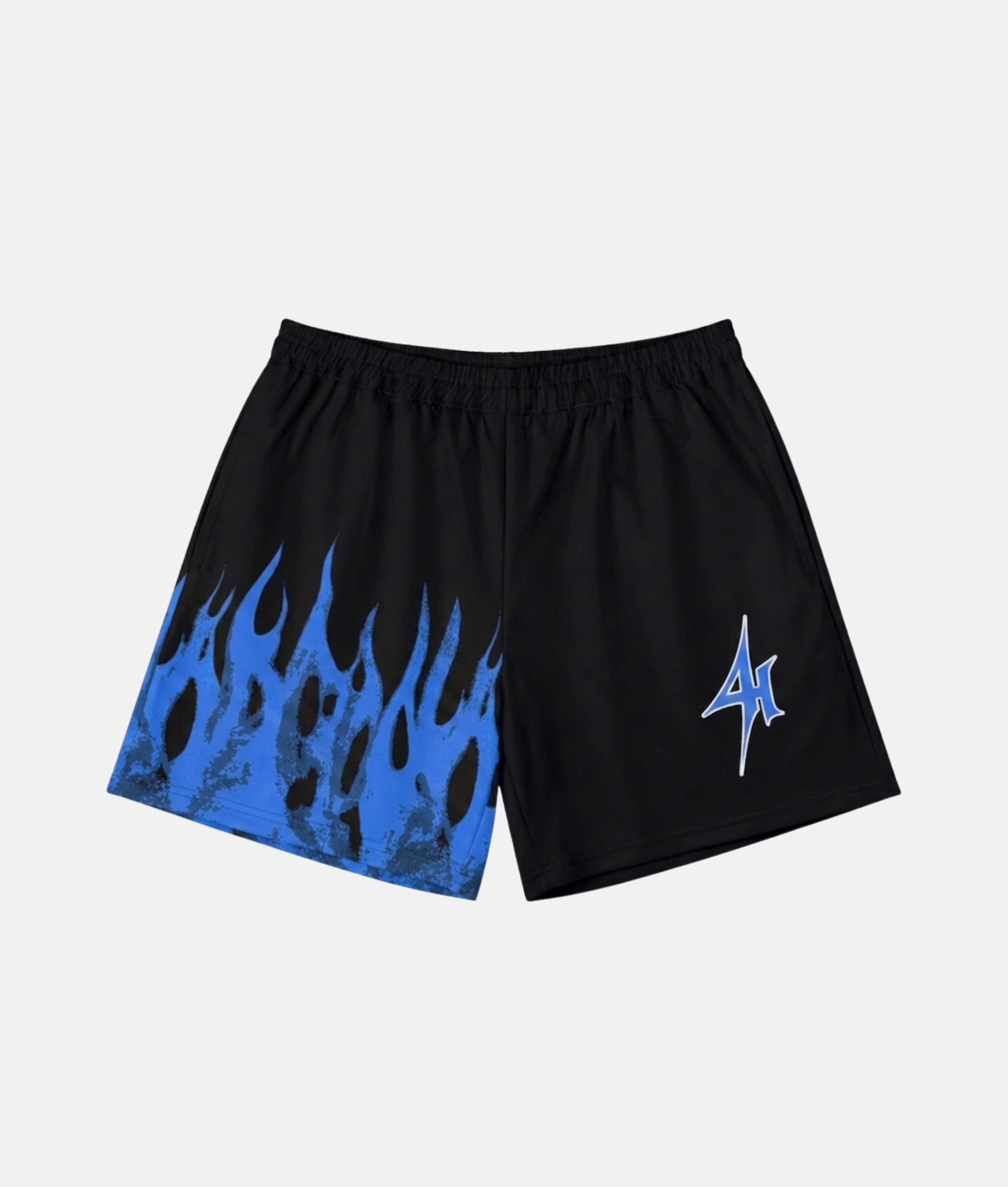 Short de sport noir 4Handle on fire blue avec motif de flammes bleus électrique texturées sur la jambe droite et logo éclair 4Handle bleu et blanc sur la jambe gauche.