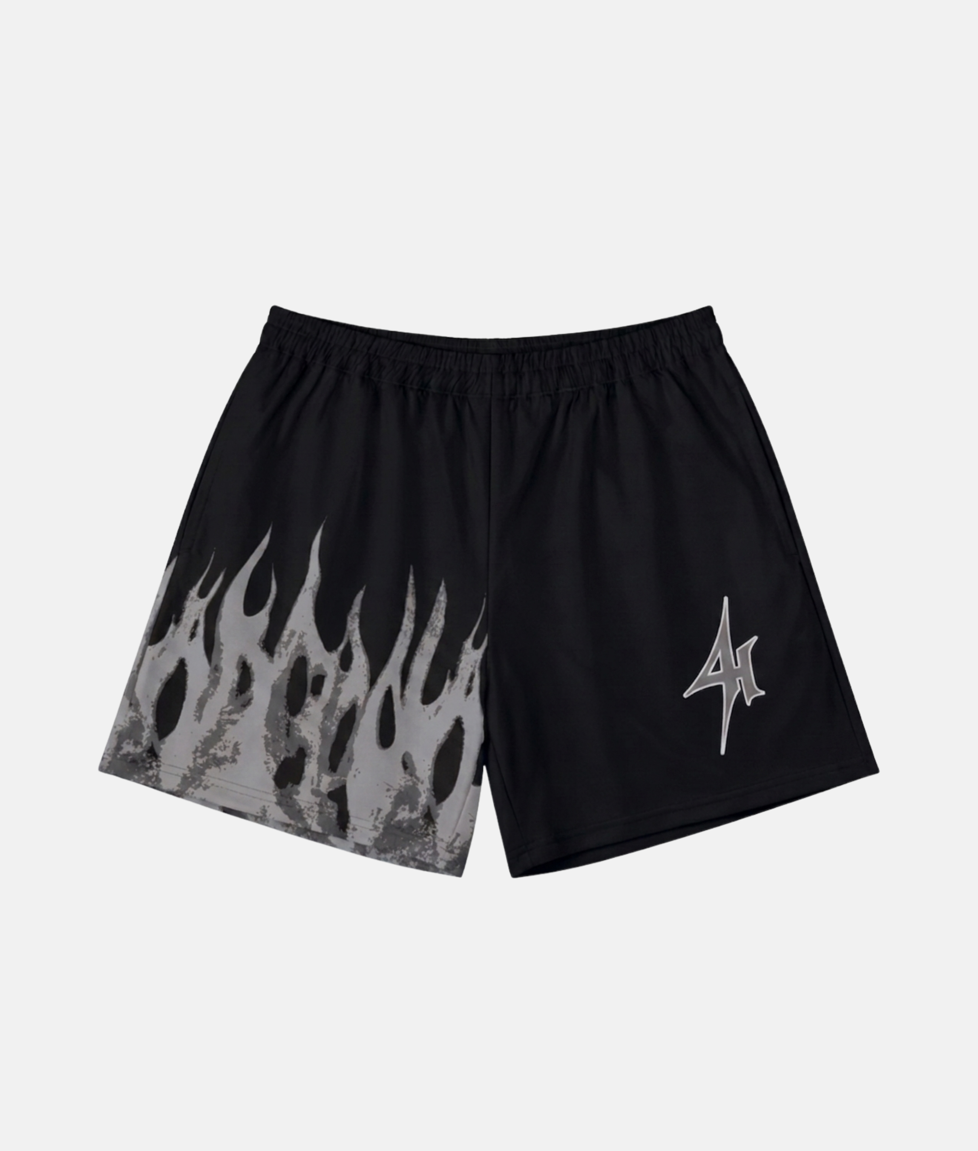 Short de sport noir 4Handle on fire gray avec motif de flammes grises texturées sur la jambe droite et logo éclair 4Handle gris et blanc sur la jambe gauche.