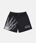 Short de sport noir 4Handle avec une impression graphique blanche d'une main de squelette style radiographie X-ray sur la jambe droite et logo ovale blanc.