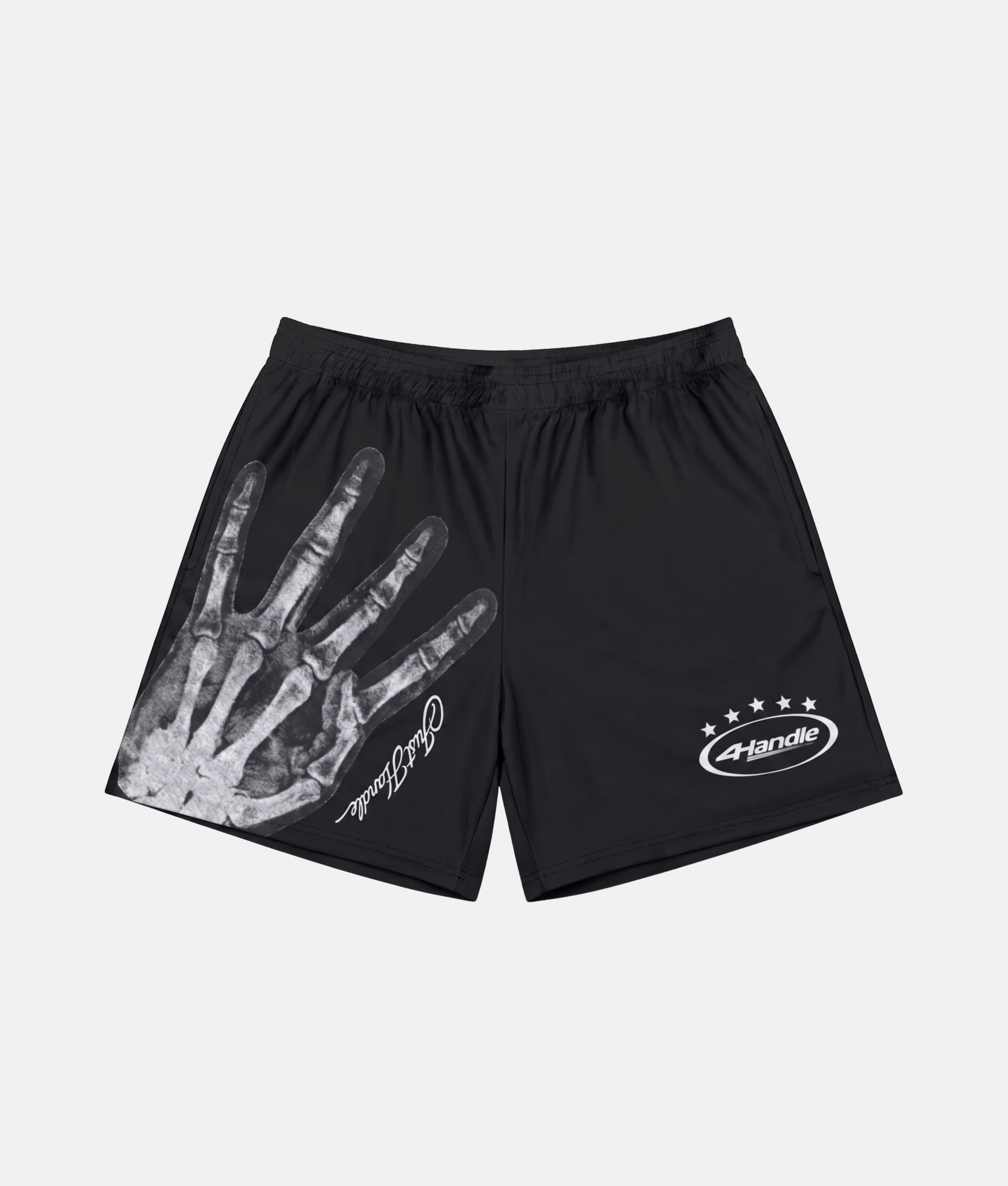 Short de sport noir 4Handle avec une impression graphique blanche d'une main de squelette style radiographie X-ray sur la jambe droite et logo ovale blanc.