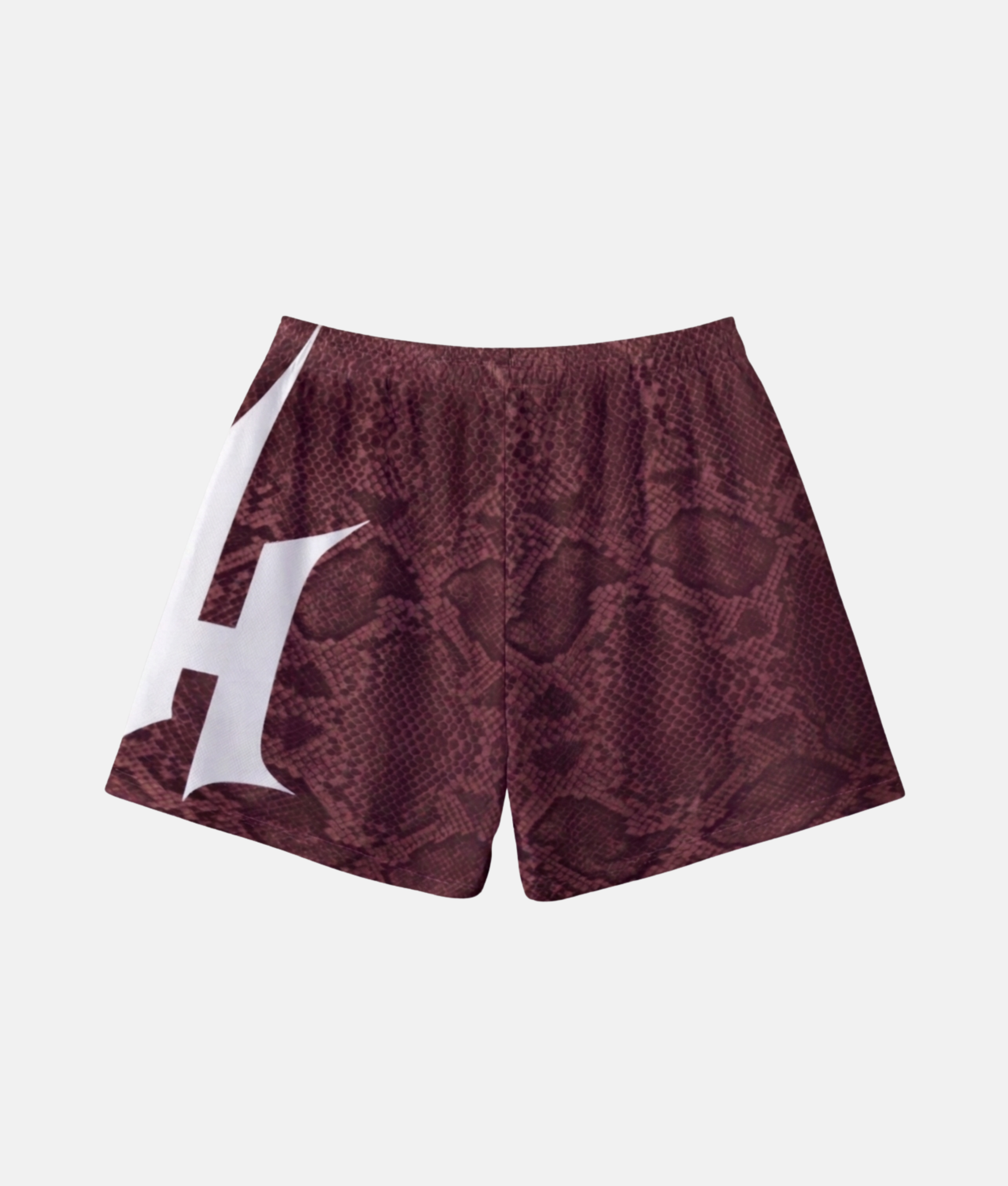Vue arrière du short de sport rouge à motif reptile 4Handle, montrant le motif serpent texturé continu.
