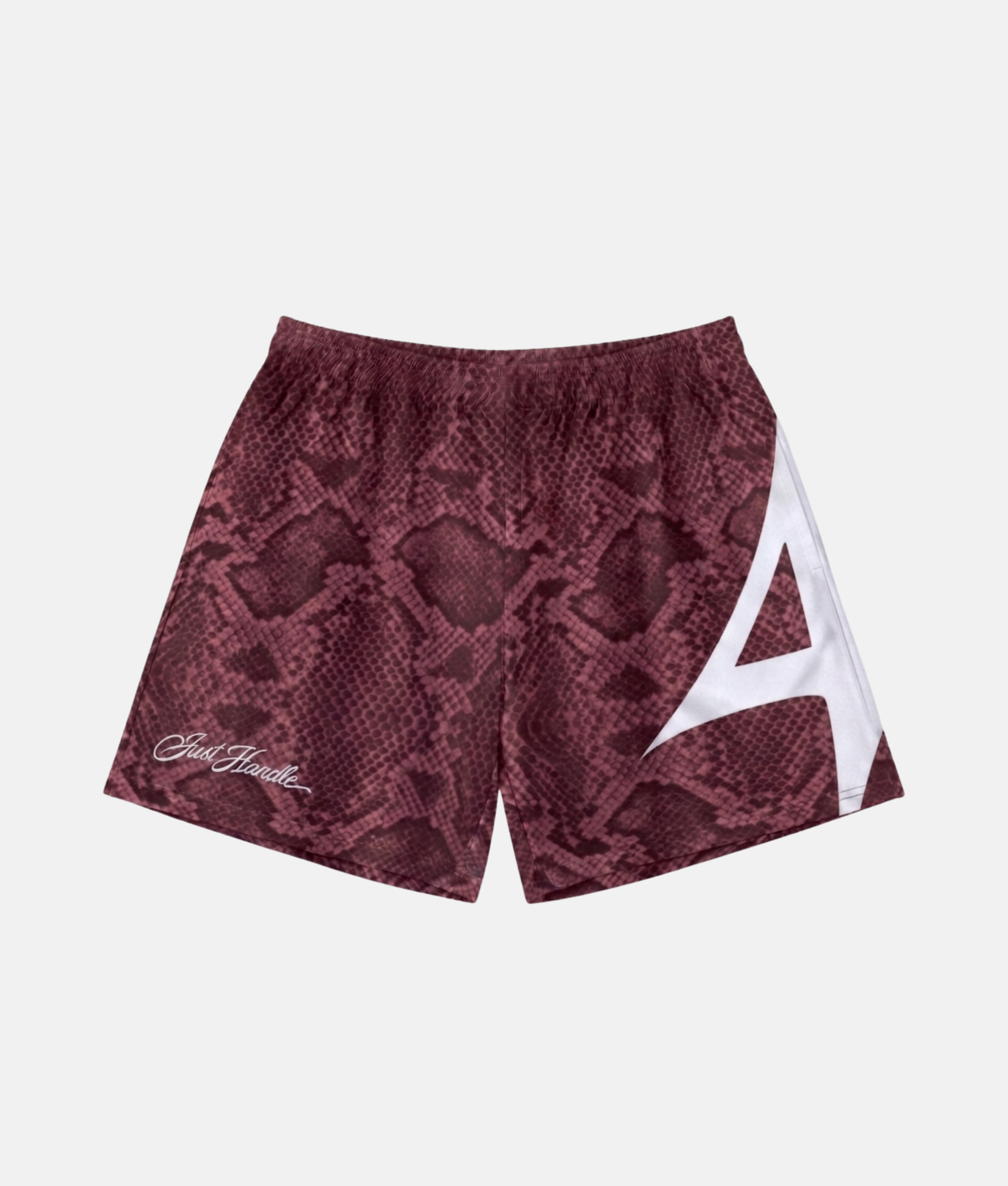 Short de sport 4Handle rouge reptile orné d'un imprimé peau de serpent rouge et noir éclatant, de l'inscription cursive just handle et d'un grand logo blanc sur le côté.