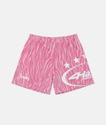 Short de sport 4Handle Sandwave avec motif zébré fluide rose et rose bonbon, petit logo imprimé sur la jambe droite et très grand logo ovale blanc sur le côté gauche.