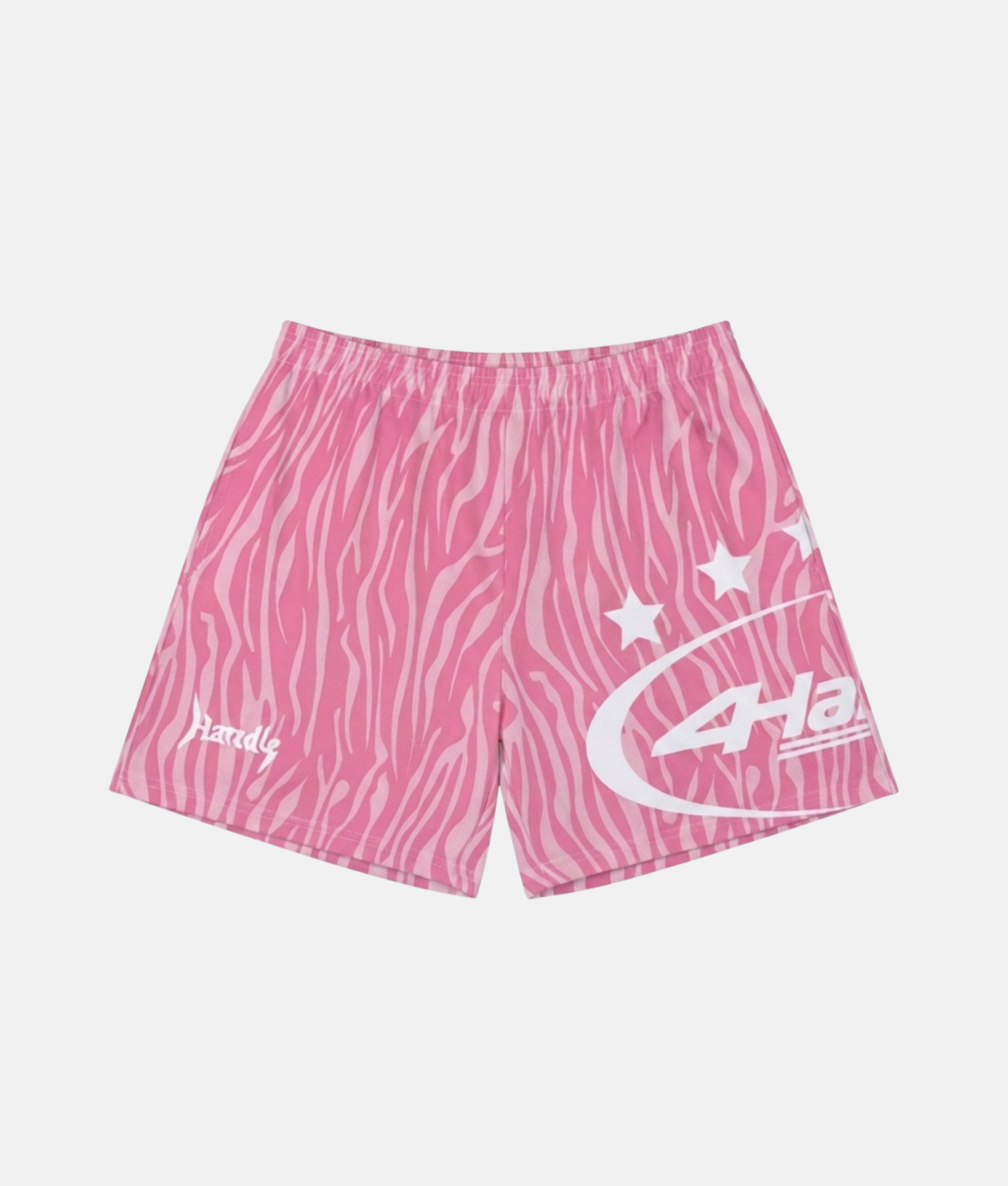 Short de sport 4Handle Sandwave avec motif zébré fluide rose et rose bonbon, petit logo imprimé sur la jambe droite et très grand logo ovale blanc sur le côté gauche.