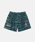 Short de sport 4Handle Sauvage Turbo Green avec motif peau de zèbre vert émeraude foncé et noir, logos imprimés sur le bas des jambes.
