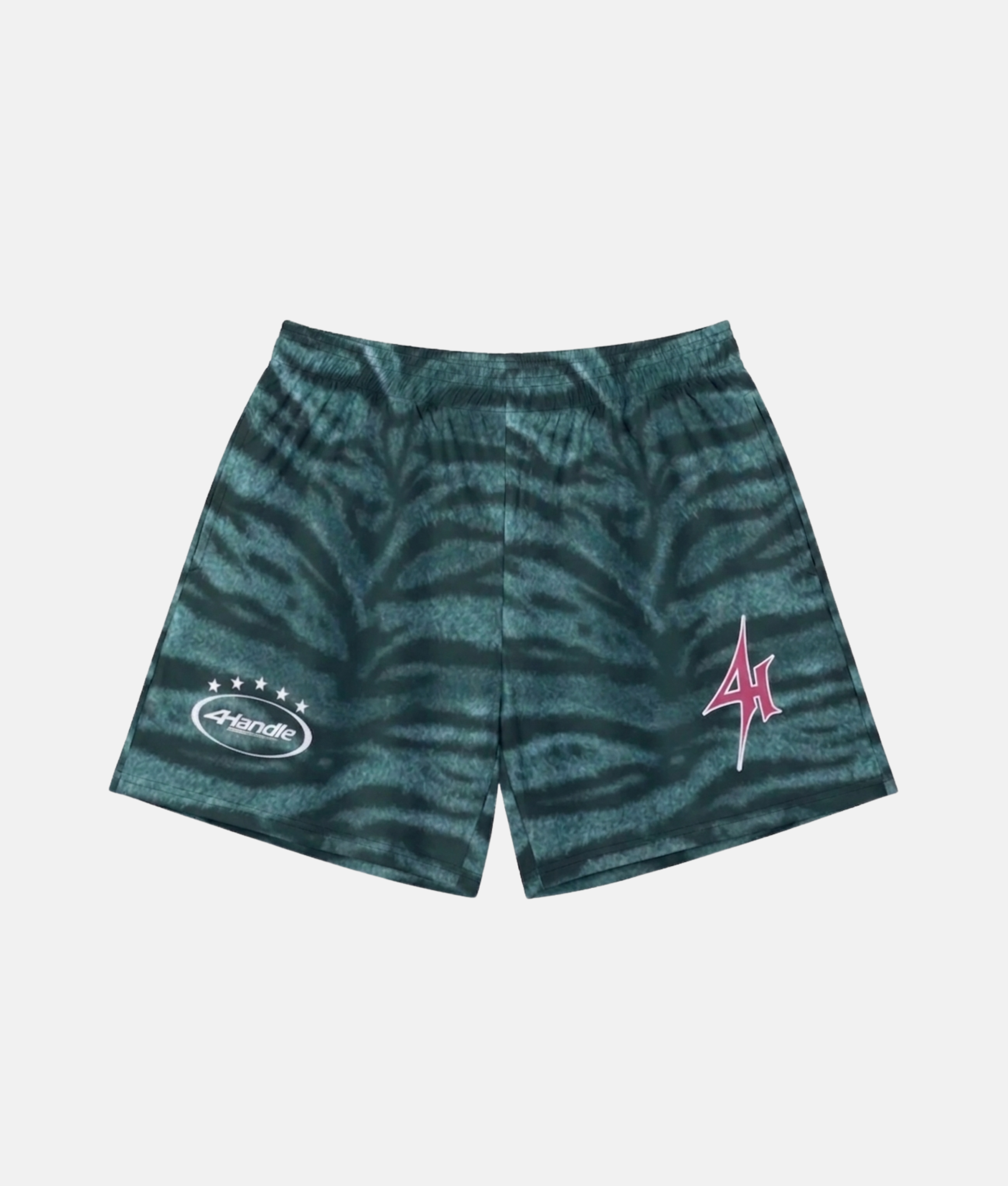 Short de sport 4Handle Sauvage Turbo Green avec motif peau de zèbre vert émeraude foncé et noir, logos imprimés sur le bas des jambes.