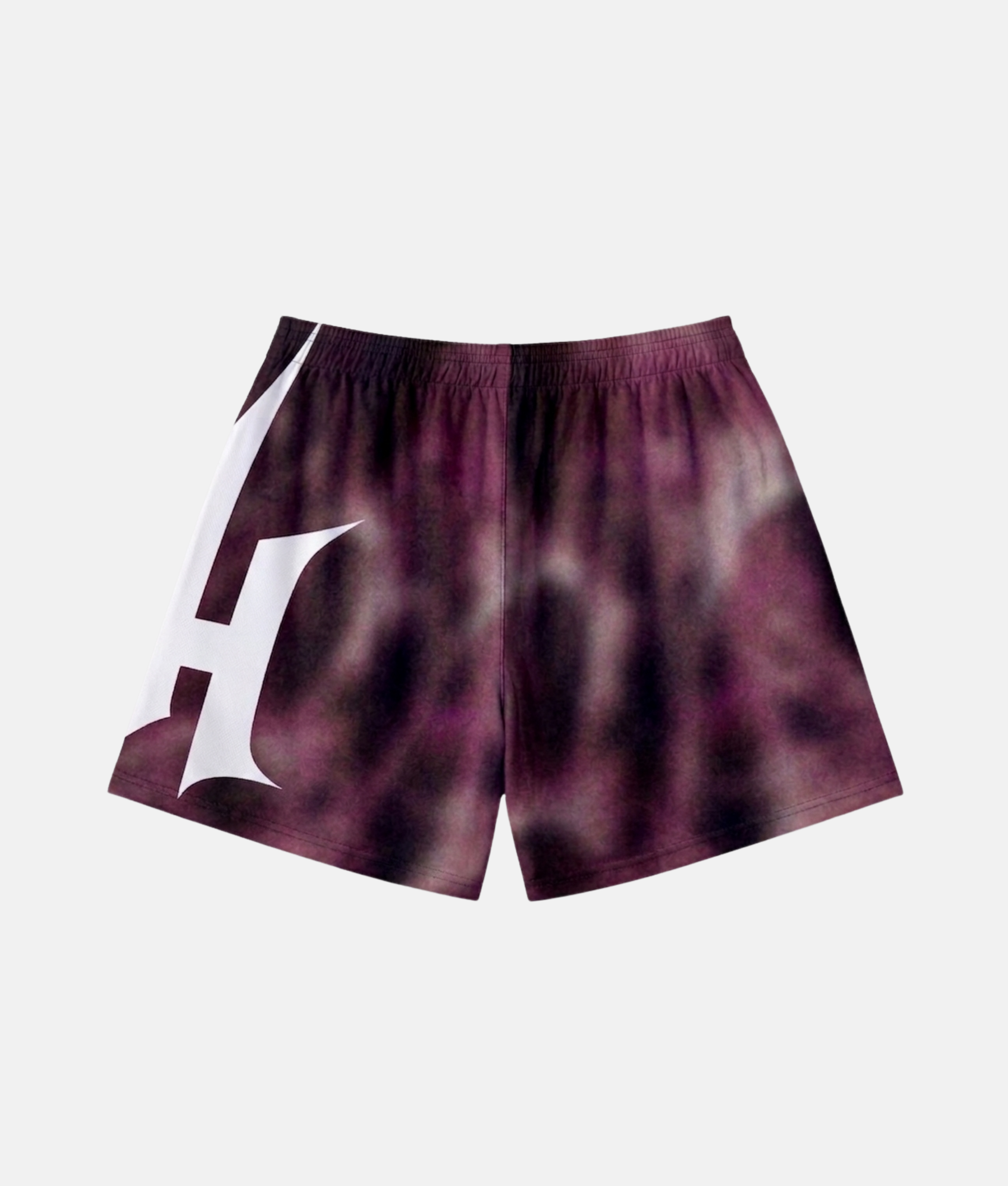 Vue arrière du short de sport 4Handle Shadow Dye, mettant en valeur la continuité du motif tie-dye sombre et le grand logo blanc enveloppant le côté.