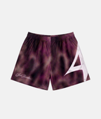 Short de sport 4Handle Shadow Dye avec motif tie-dye violet foncé et noir, inscription Just Handle en écriture cursive et grand logo blanc sur le côté.