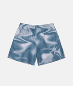 Short de sport 4Handle Shooting Blue avec motif imprimé effet velours ou satin liquide bleu et blanc, grand logo 4Handle blanc sur la jambe gauche.