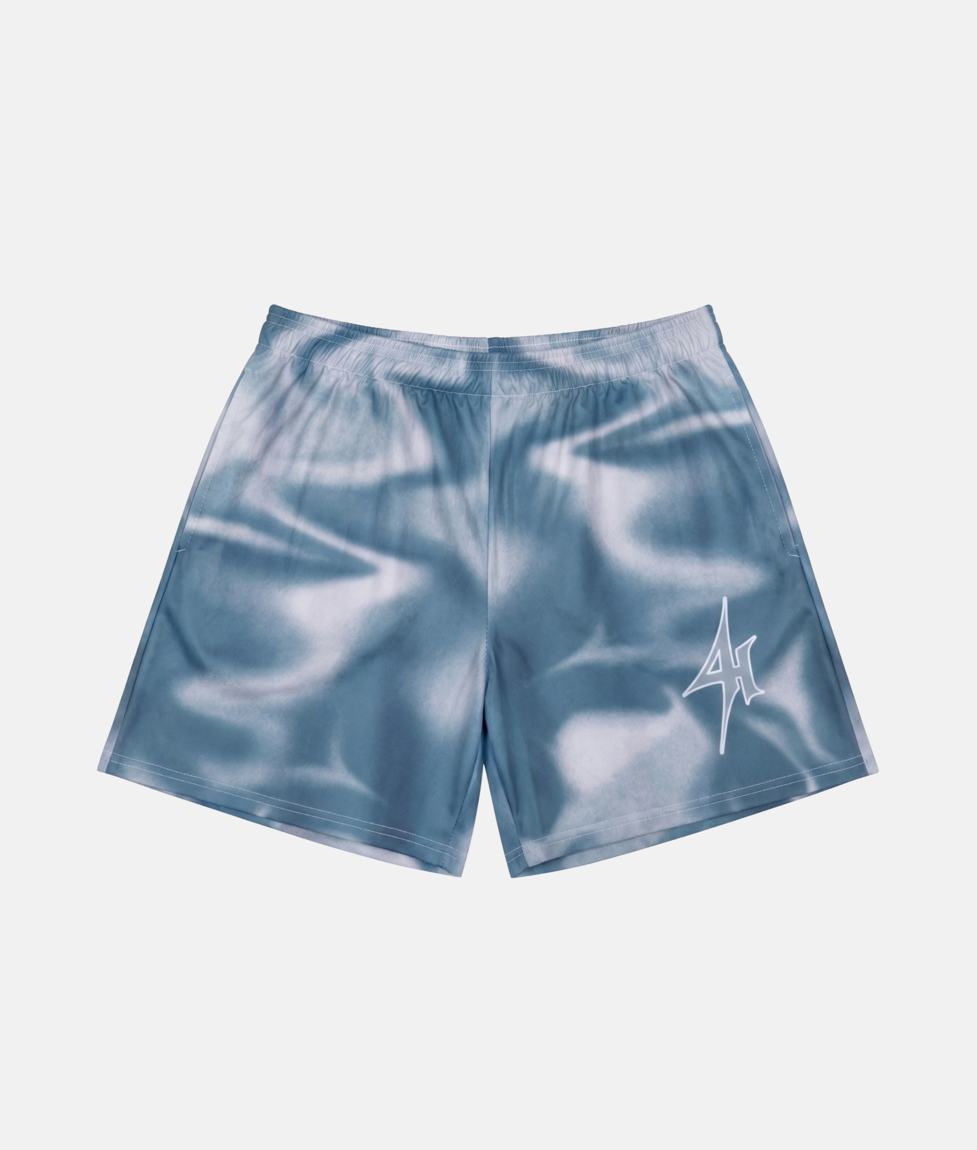 Short de sport 4Handle Shooting Blue avec motif imprimé effet velours ou satin liquide bleu et blanc, grand logo 4Handle blanc sur la jambe gauche.