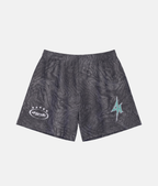 Short de sport 4Handle avec motif texturé marbré gris foncé et noir, rehaussé par un logo 4Handle vert d'eau turquoise et blanc.