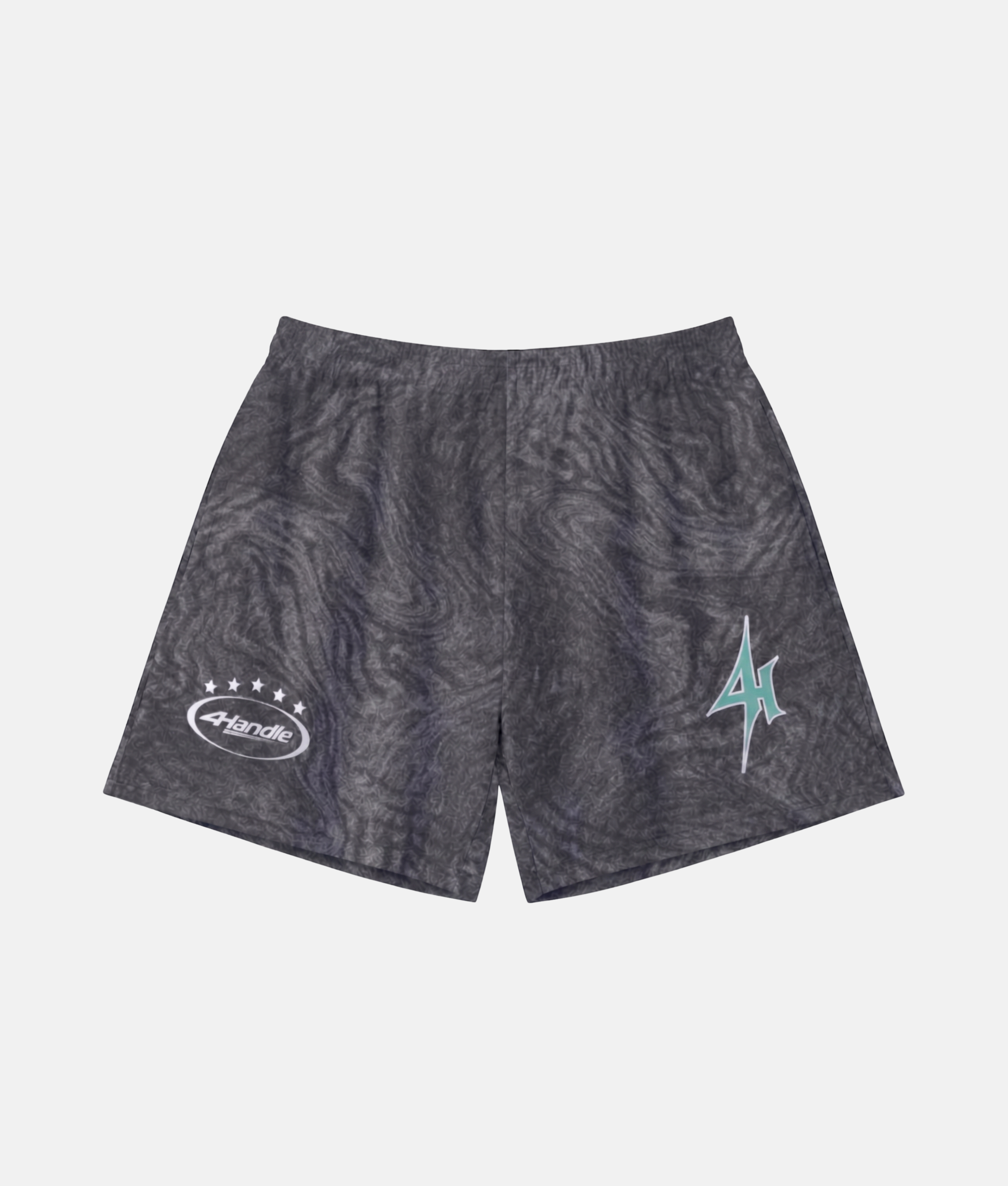 Short de sport 4Handle avec motif texturé marbré gris foncé et noir, rehaussé par un logo 4Handle vert d'eau turquoise et blanc.