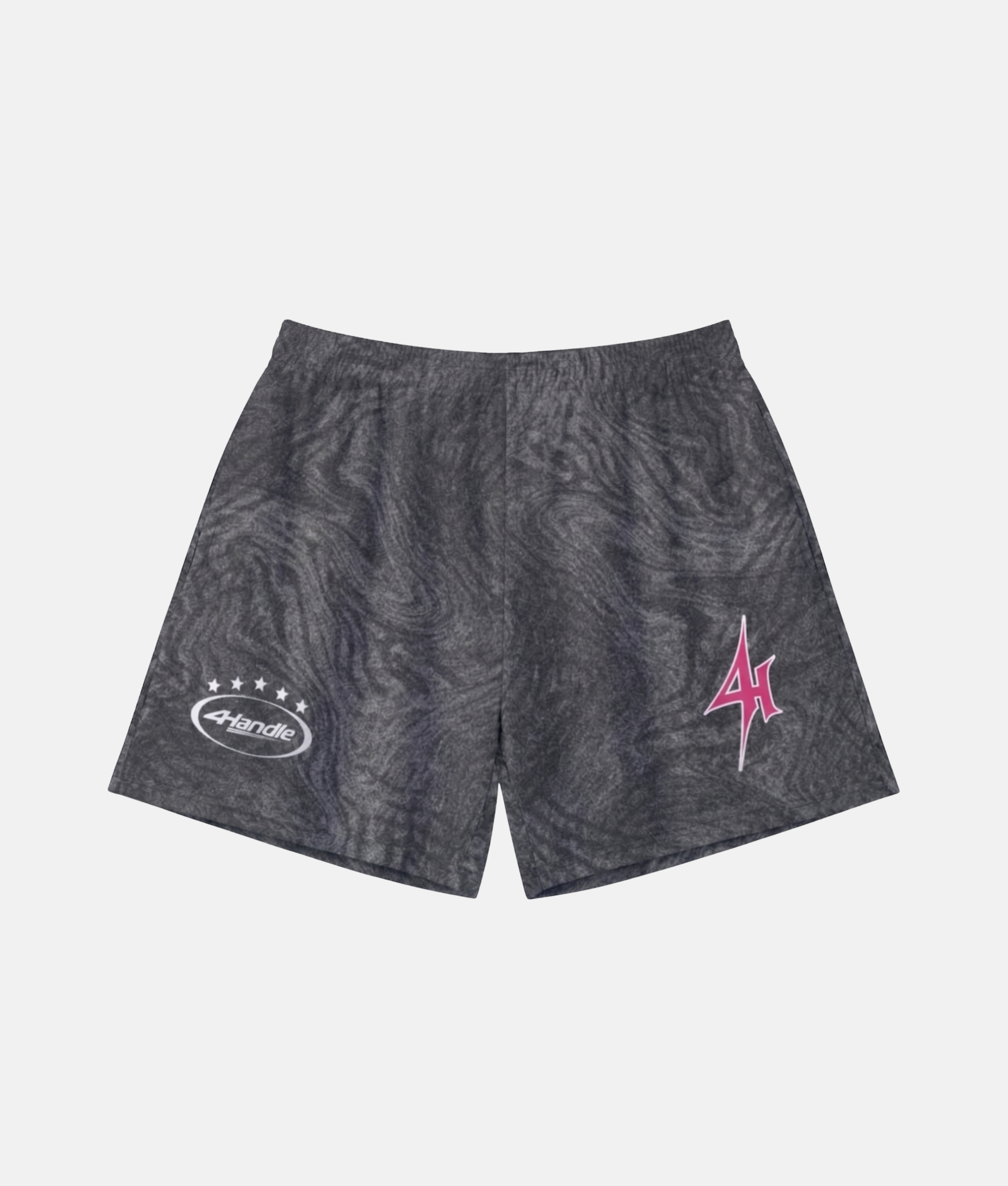 Short de sport 4Handle avec motif texturé marbré gris foncé et noir, rehaussé par un logo 4Handle rose et blanc.