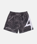 Short de sport 4Handle smooth black avec motif marbré fluide noir et gris anthracite, inscription cursive Just Handle et grand logo blanc sur le côté.