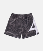 Short de sport 4Handle smooth black avec motif marbré fluide noir et gris anthracite, inscription cursive Just Handle et grand logo blanc sur le côté.