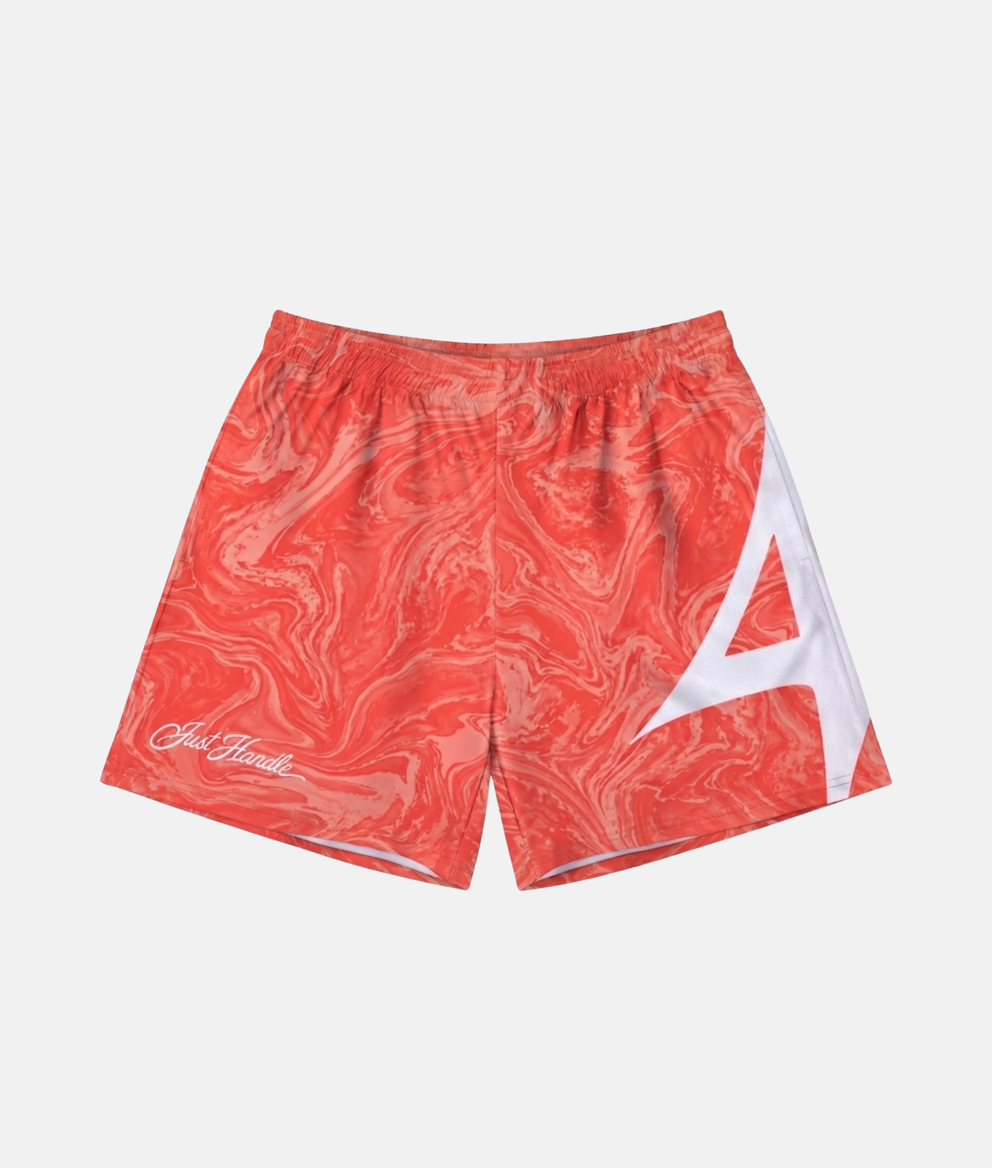 Short de sport 4Handle Smooth Red avec motif marbré fluide rouge vif et corail, inscription cursive Just Handle et grand logo blanc sur le côté.