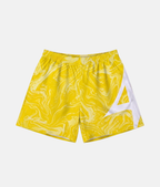 Short de sport 4Handle Smooth yellow avec motif marbré fluide jaune citron et crème, inscription cursive Just Handle et grand logo blanc sur le côté.