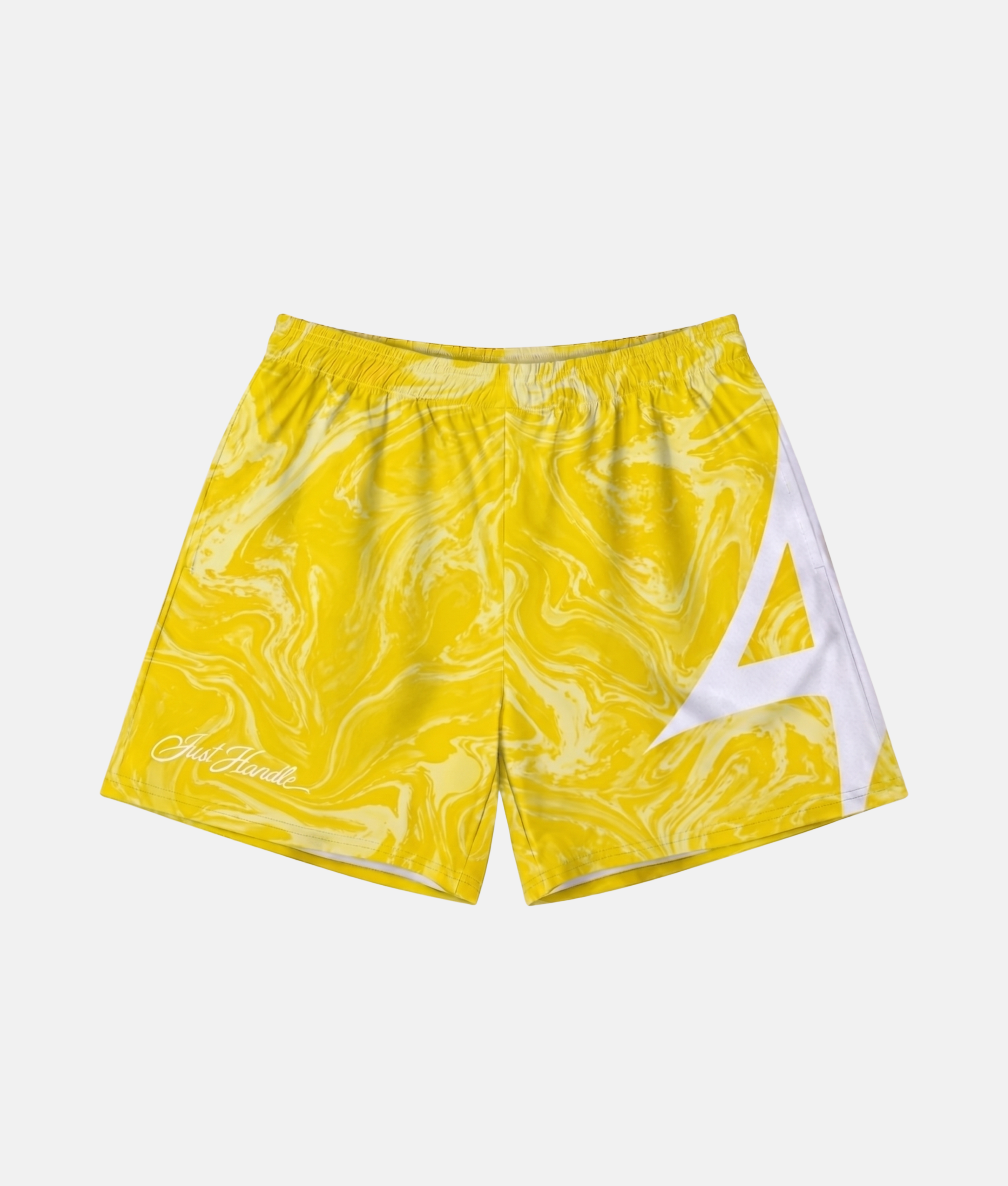 Short de sport 4Handle Smooth yellow avec motif marbré fluide jaune citron et crème, inscription cursive Just Handle et grand logo blanc sur le côté.