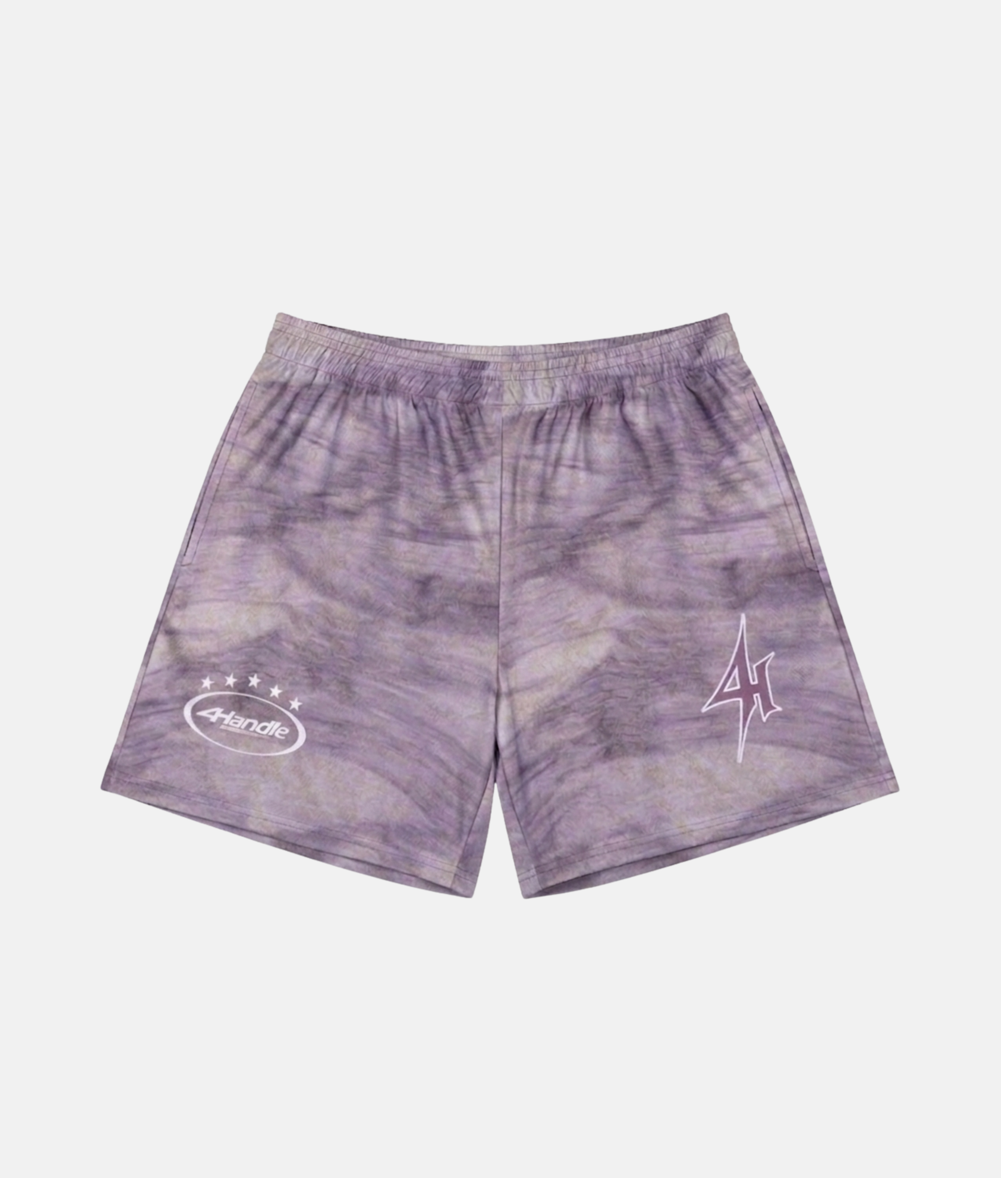 Short de sport 4Handle soft skin avec motif tie-dye effet marbré violet clair et gris, logos blancs imprimés sur le bas.