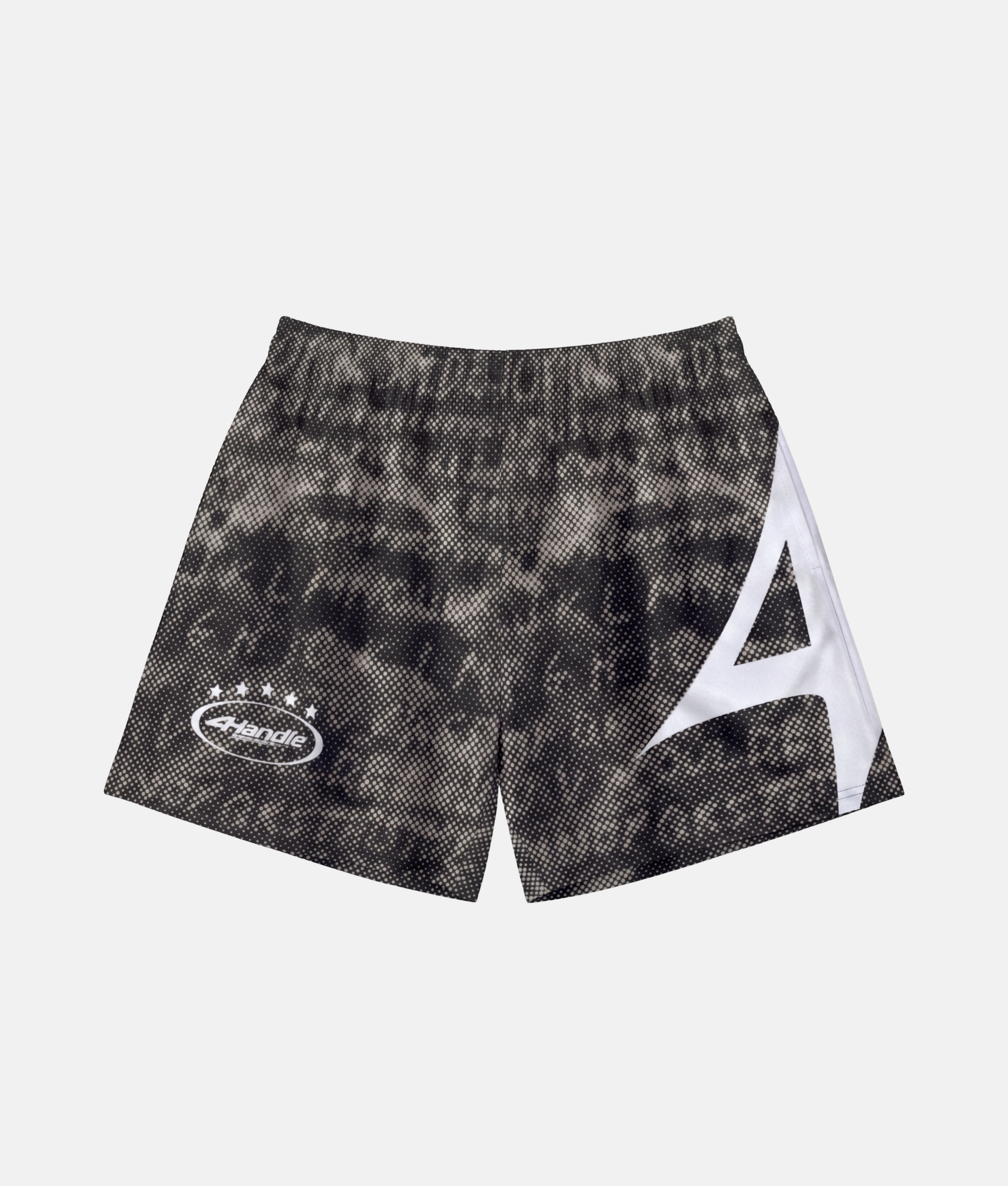 Short de sport 4Handle strange word black avec motif tie-dye texturé noir et anthracite, logo ovale imprimé et grand logo blanc asymétrique sur le côté.