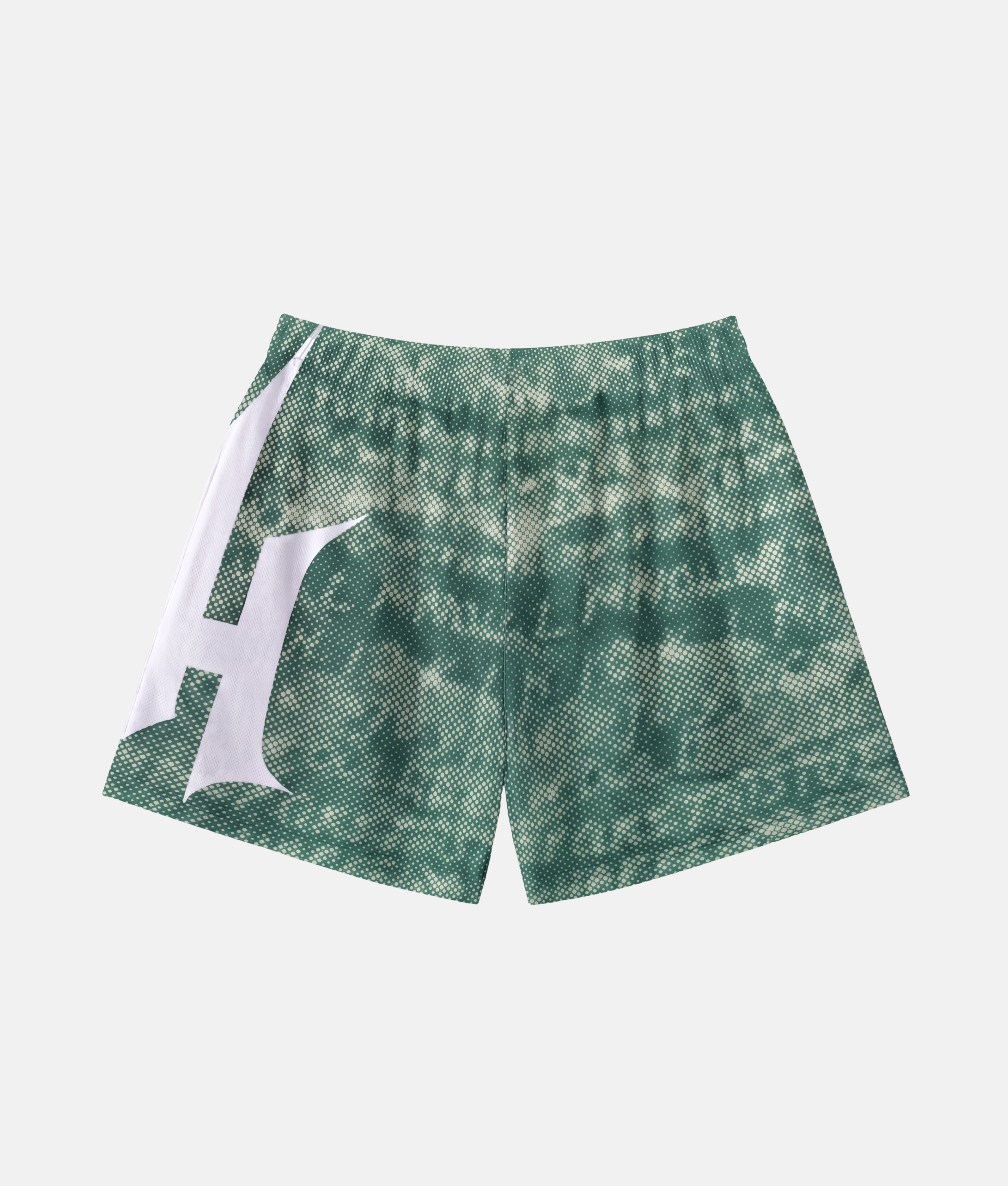 Vue arrière du short de sport 4Handle strange word green, mettant en valeur la continuité de la trame graphique en pointillés verts et blancs.
