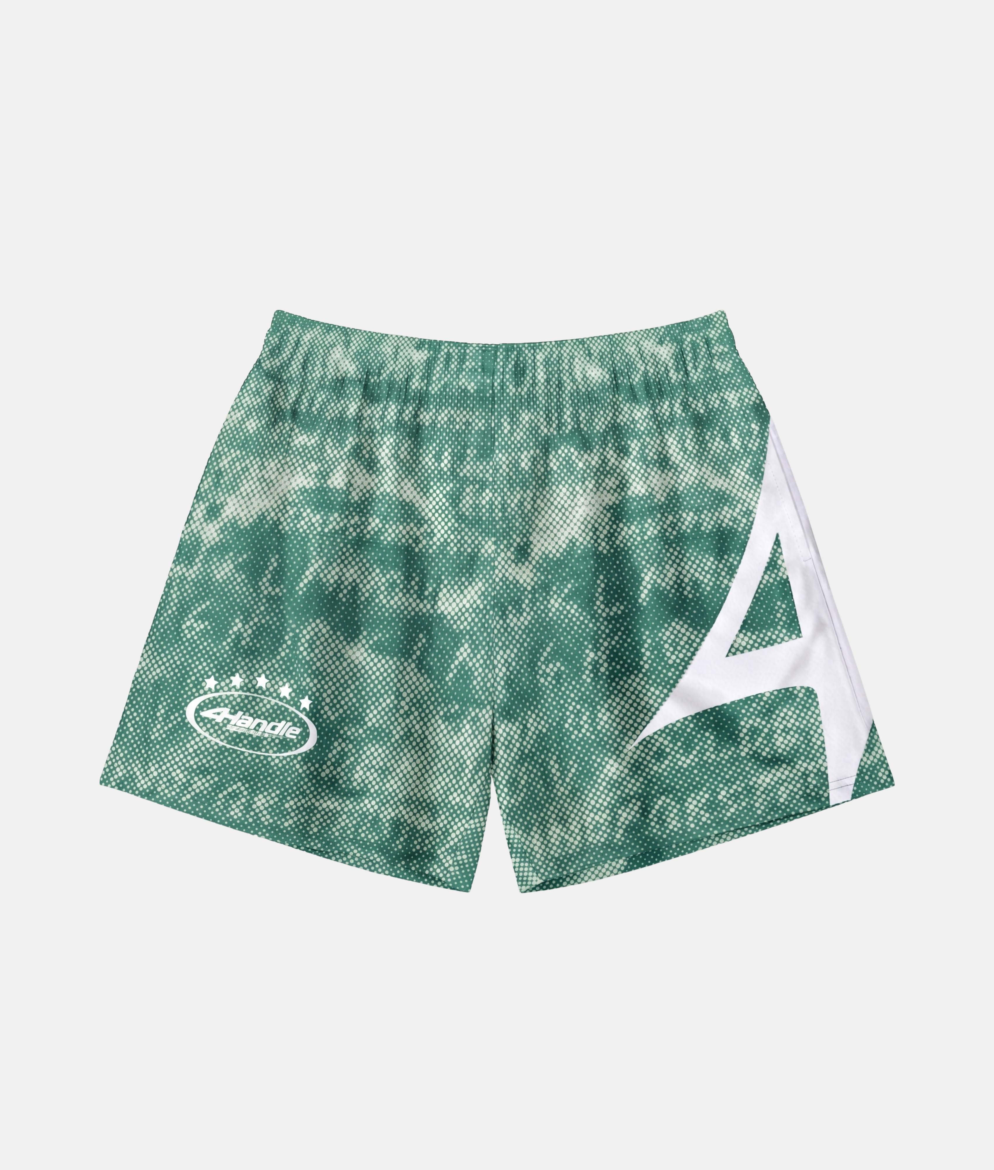Short de sport 4Handle strange word green avec motif tie-dye texturé vert émeraude et blanc, logo ovale imprimé et grand logo blanc asymétrique sur le côté.