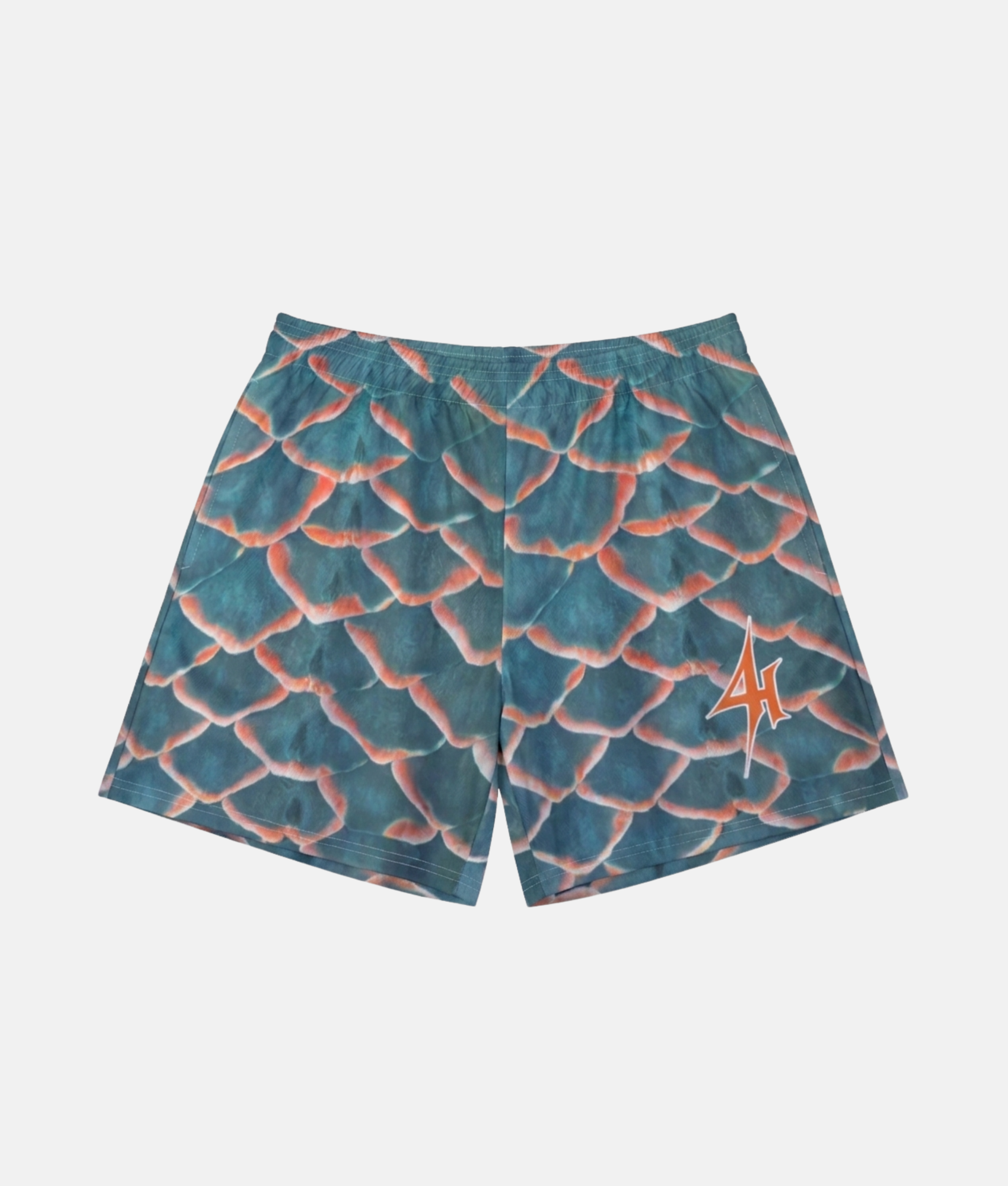 Short de sport 4Handle Touch Reptilia avec motif imprimé d'écailles de reptile bleu turquoise et orange, incluant le logo 4Handle orange sur la jambe gauche.
