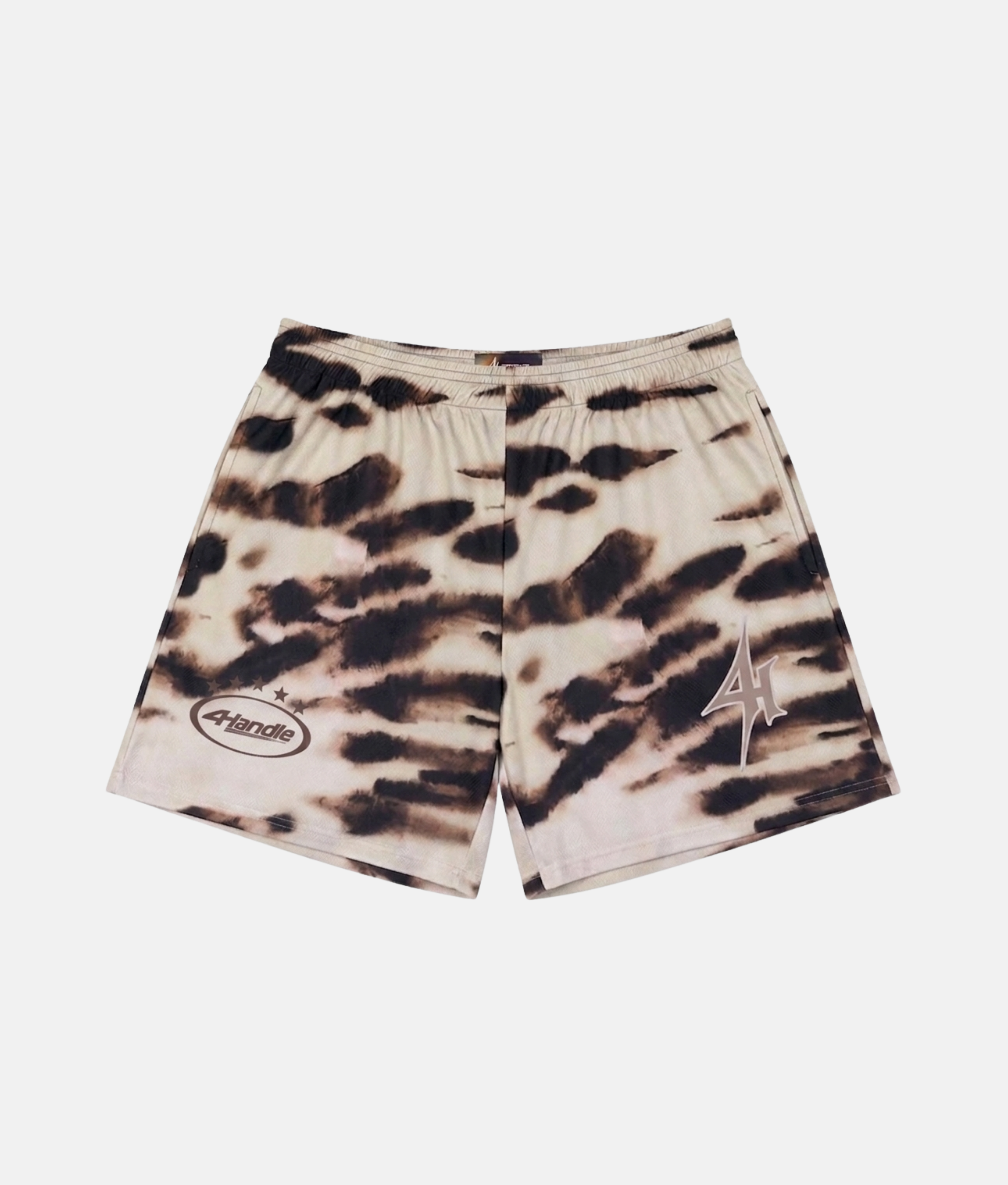 Short de sport 4Handle Wasteland avec motif texturé abstrait dans les tons gris, noir et beige sable, doté du logo 4Handle blanc sur le bas de la jambe droite.